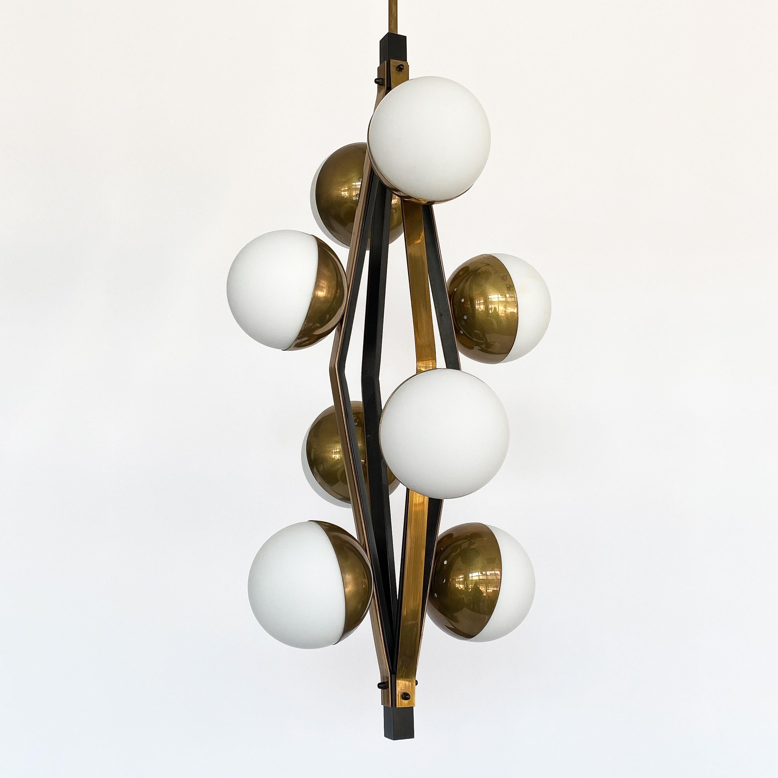 Mid-Century Modern Pair of Stilnovo Brass Eight Globe Pendant Chandeliers