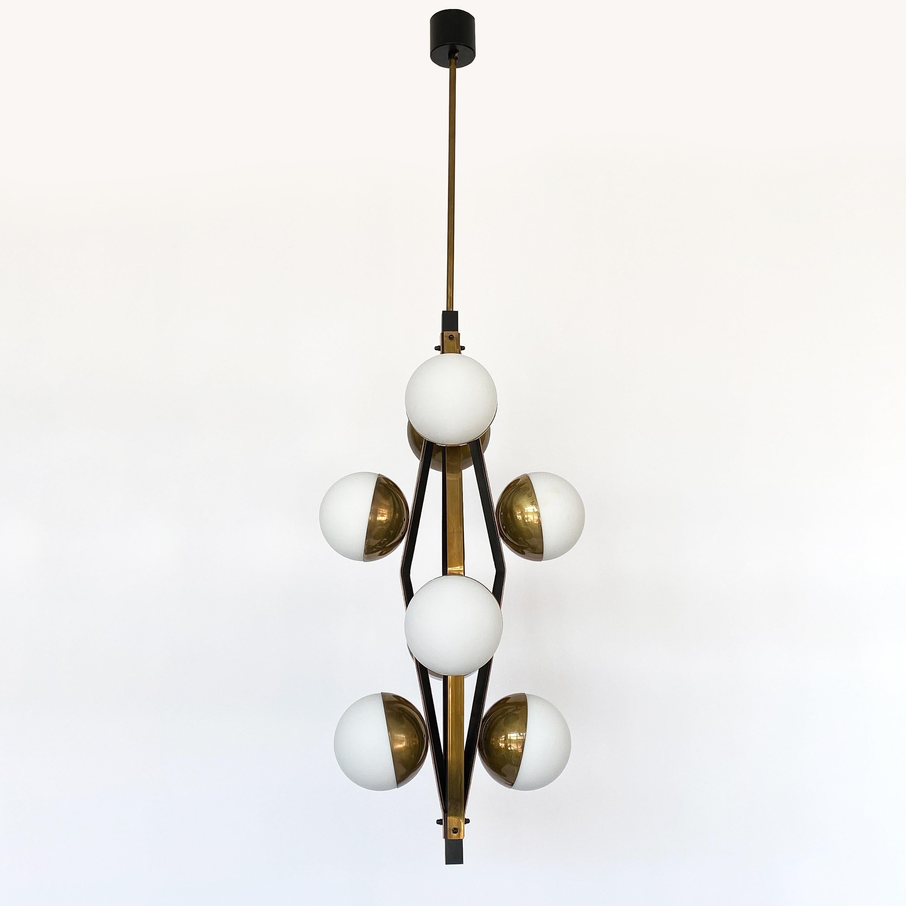 Italian Pair of Stilnovo Brass Eight Globe Pendant Chandeliers