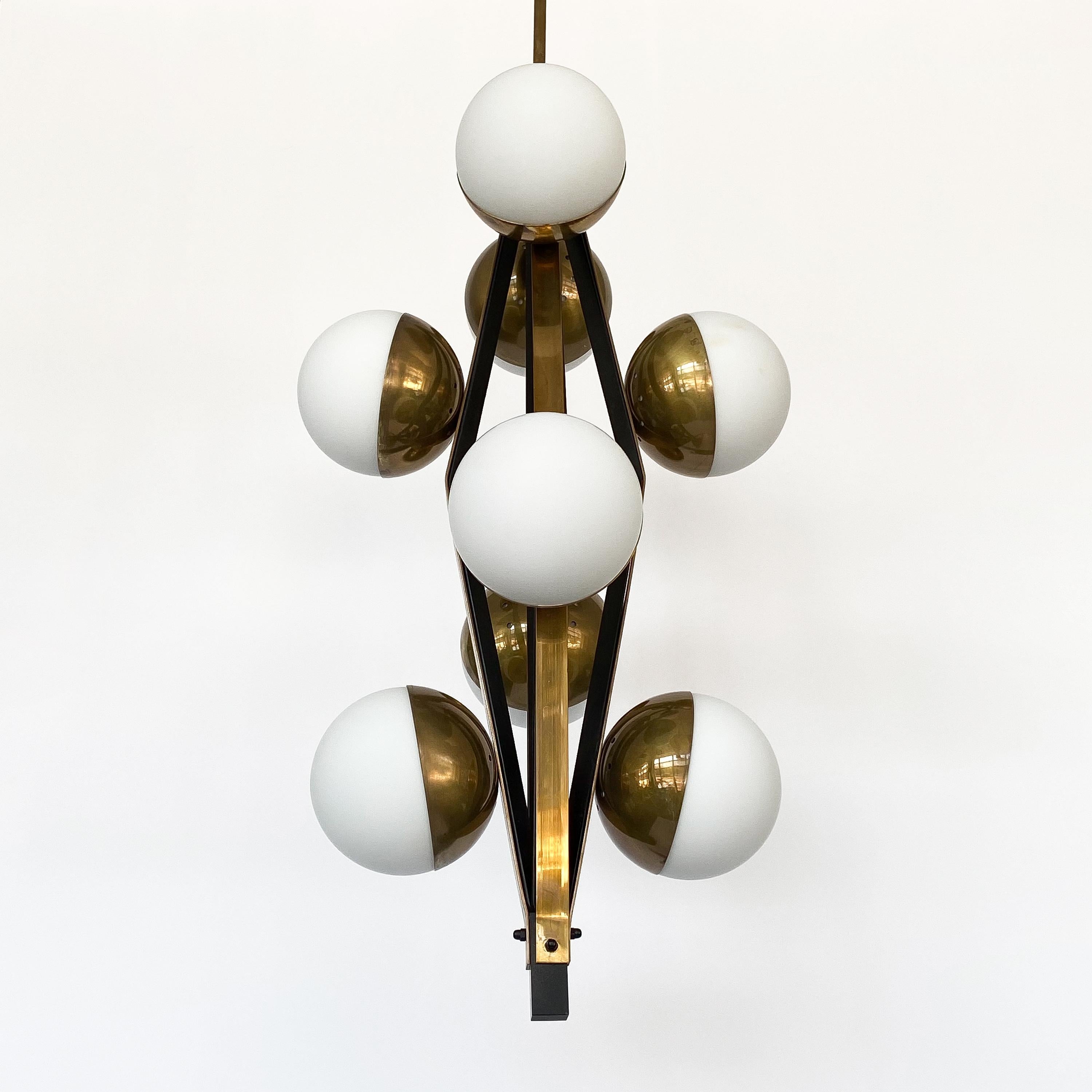 Wrought Iron Pair of Stilnovo Brass Eight Globe Pendant Chandeliers