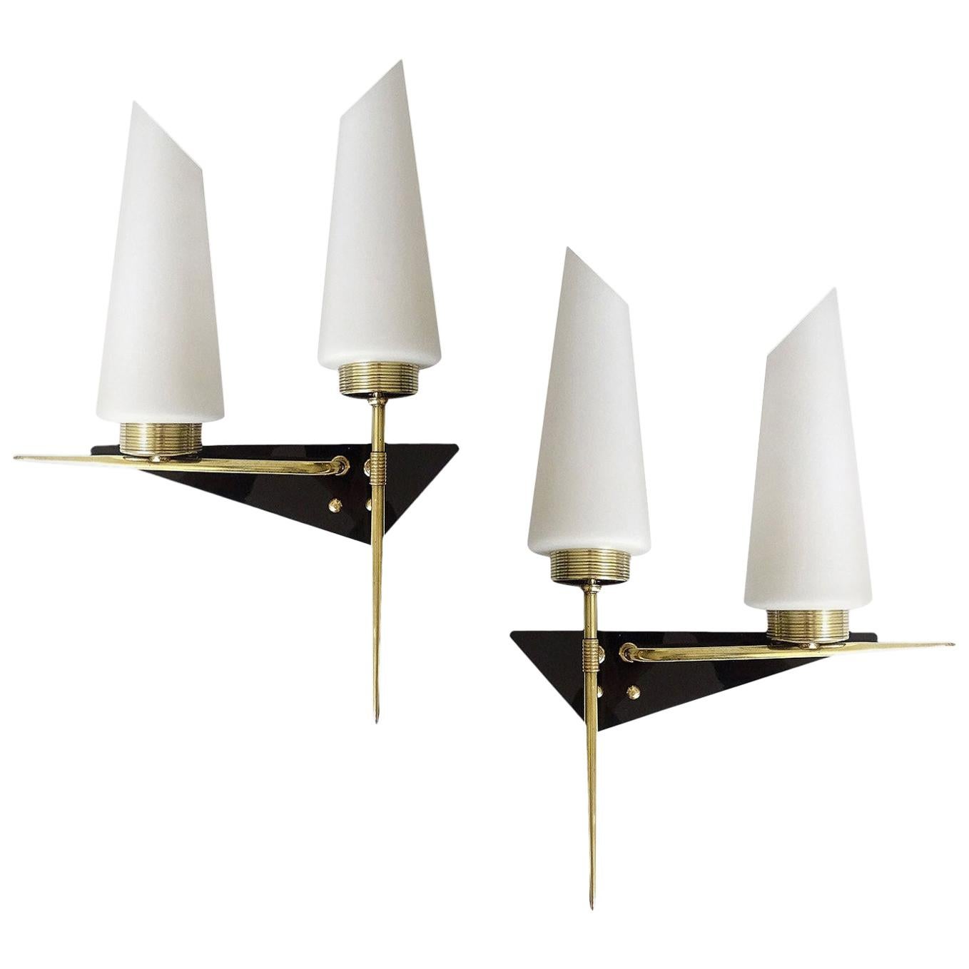 UNIQUE Pair Sconces, Lunel France, Glass Brass, 1960s, Stilnovo Style