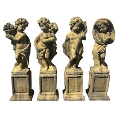 Pair Stone Garden Four Season Statues Cherub English Country