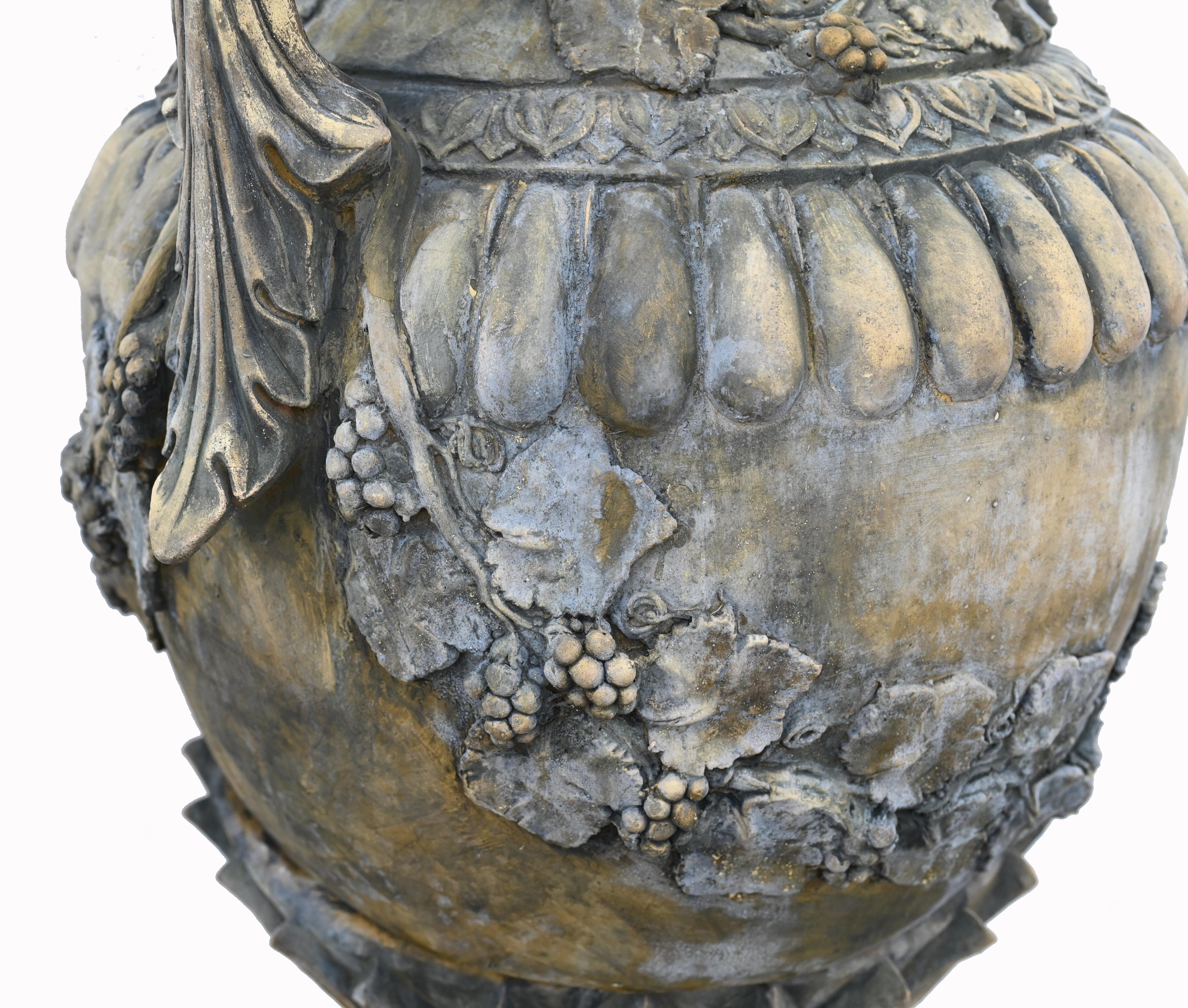 Late 20th Century Pair Stone Garden Urns Classical Amphora English Garden Vase For Sale