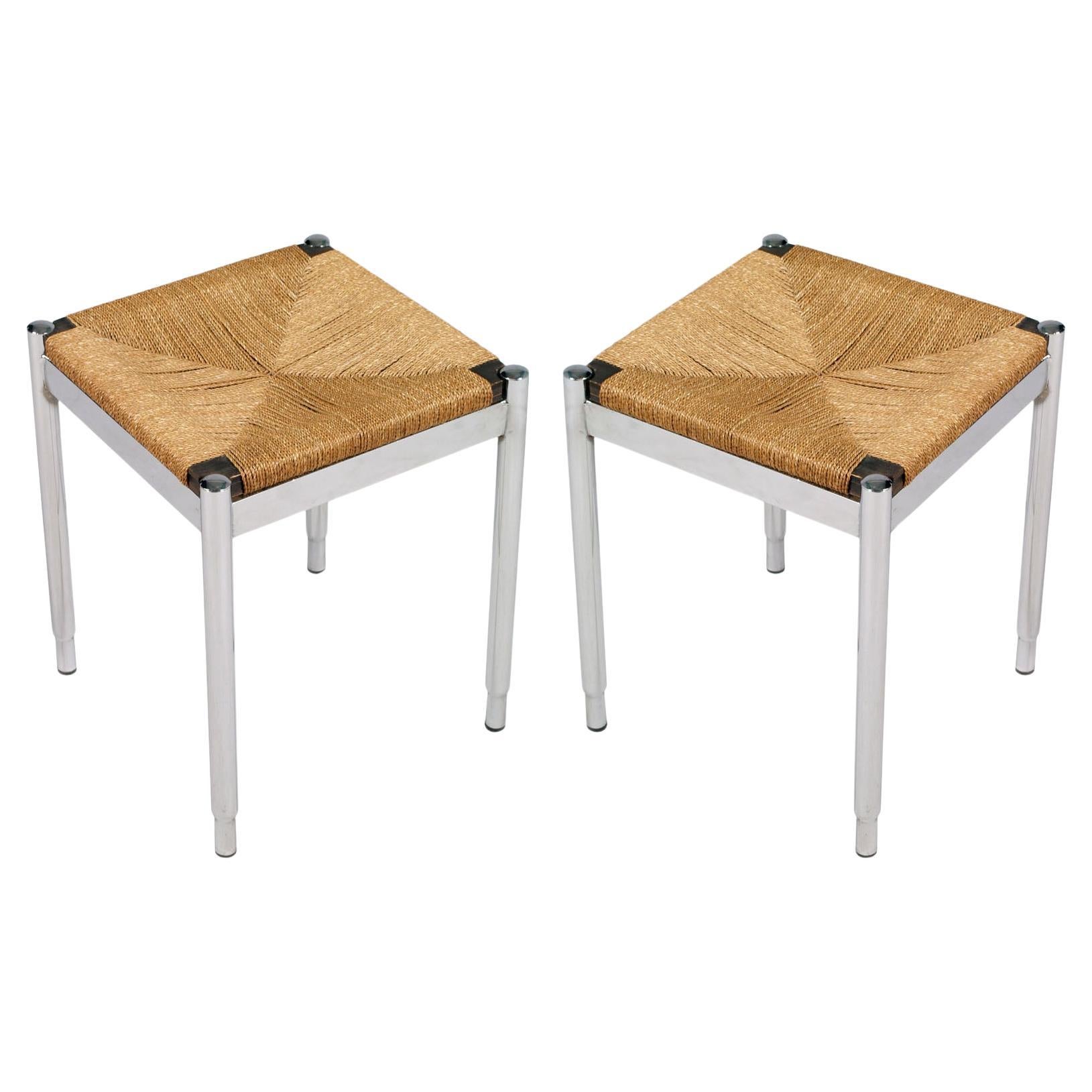 Pair Stools by Gio Ponti for Cassina attributed , Chromed Steel Straw and Wood