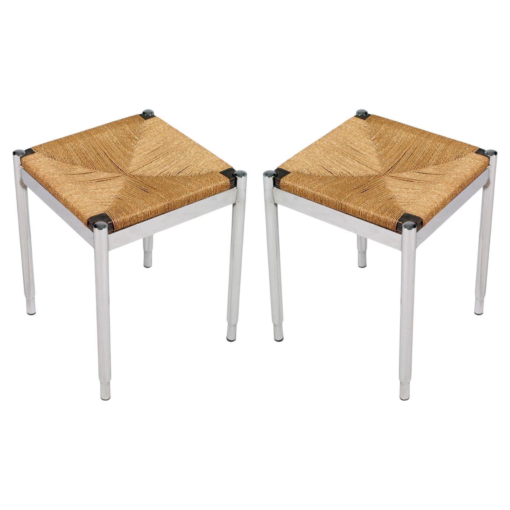 Pair Stools style Gio Ponti, possibly made by Cassina, Chromed Steel and Wood