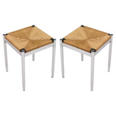 Vintage Pair Stools by Gio Ponti for Cassina attributed , Chromed Steel Straw and Wood