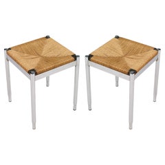 Pair Stools by Gio Ponti for Cassina attributed , Chromed Steel Straw and Wood