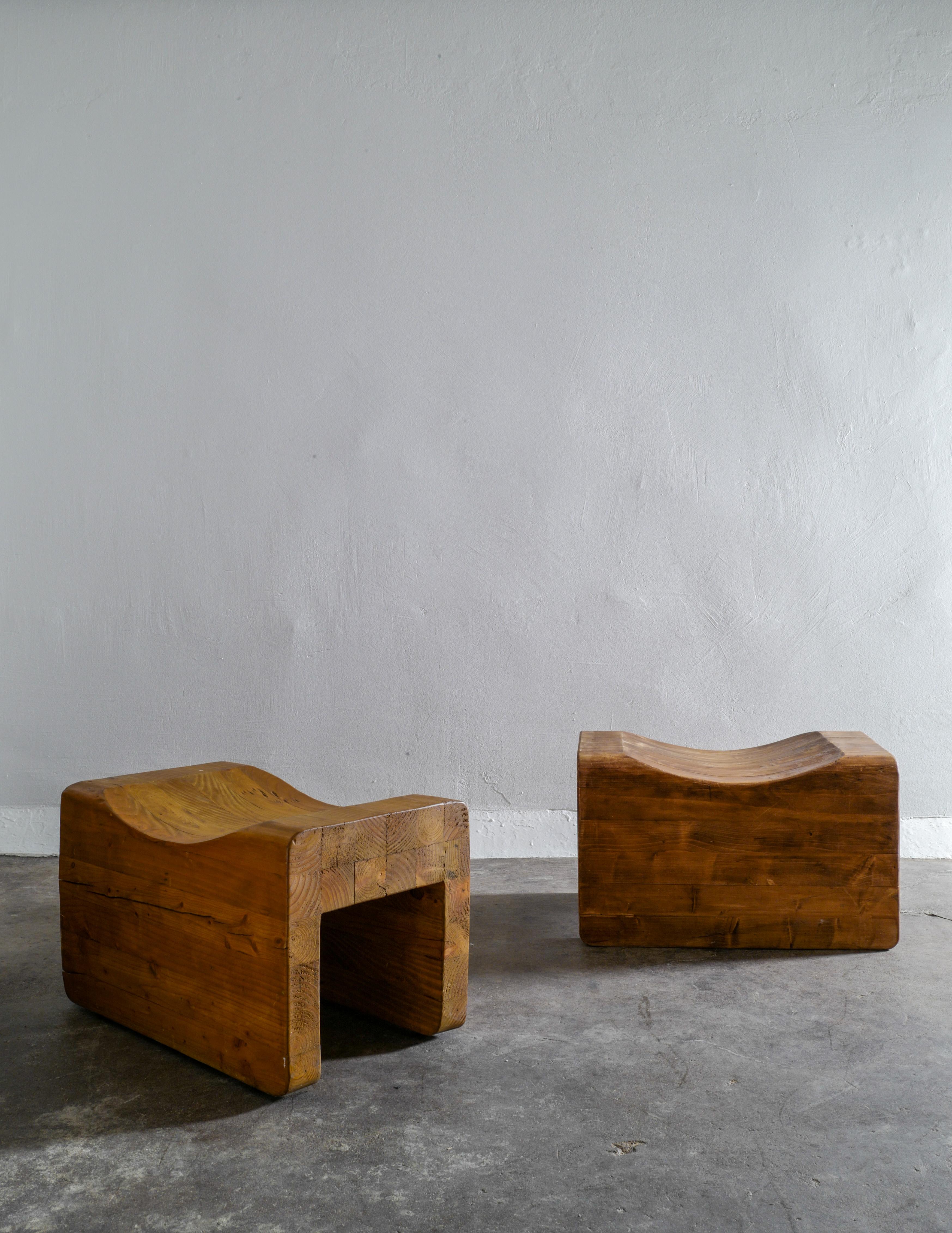 Rare pair of stools in solid pine by K. J. Pettersson & Söner from the 1970s. In good vintage condition with showing some signs of use and nice patina.
