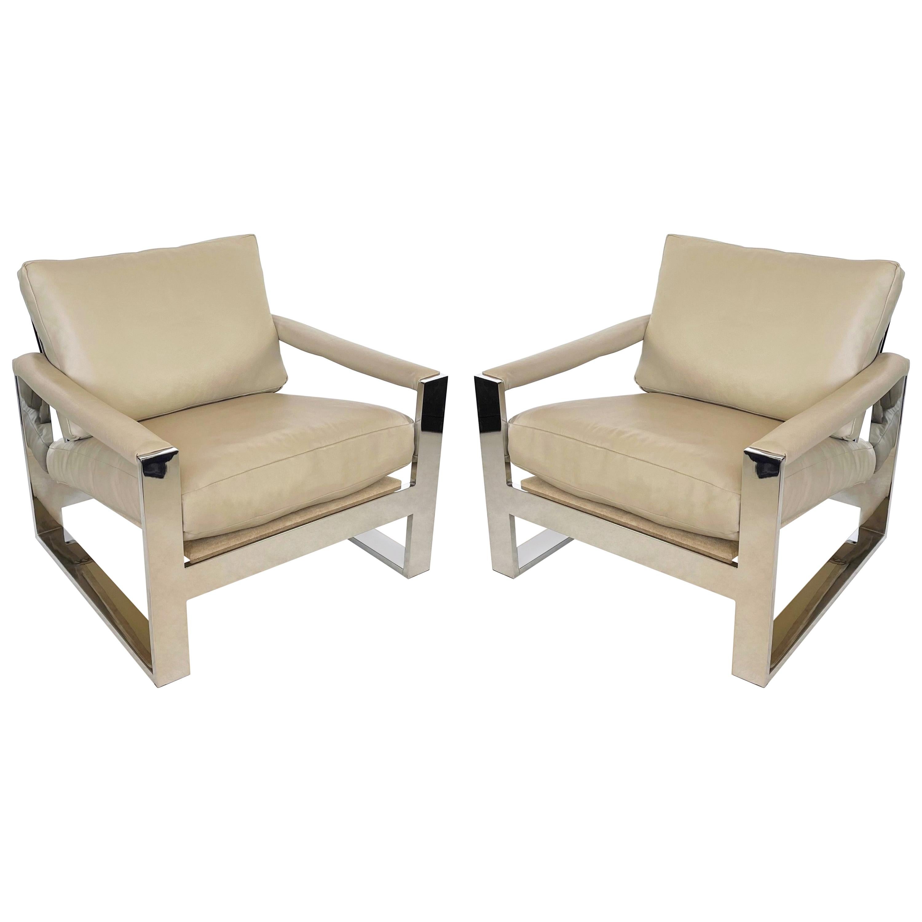 Pair of Streamlined Milo Baughman Flat Wide-Band Leather Chairs