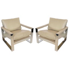 Pair of Streamlined Milo Baughman Flat Wide-Band Leather Chairs