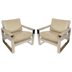 Pair of Streamlined Milo Baughman Flat Wide-Band Leather Chairs