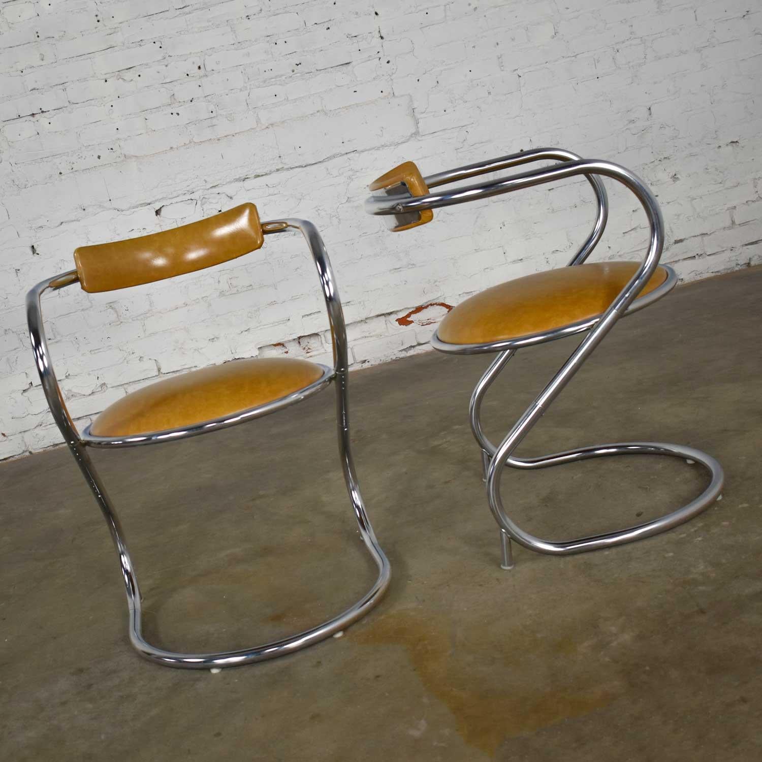 Pair Streamlined Reversed Cantilever Chairs Chrome Gold Faux Leather Vinyl  3