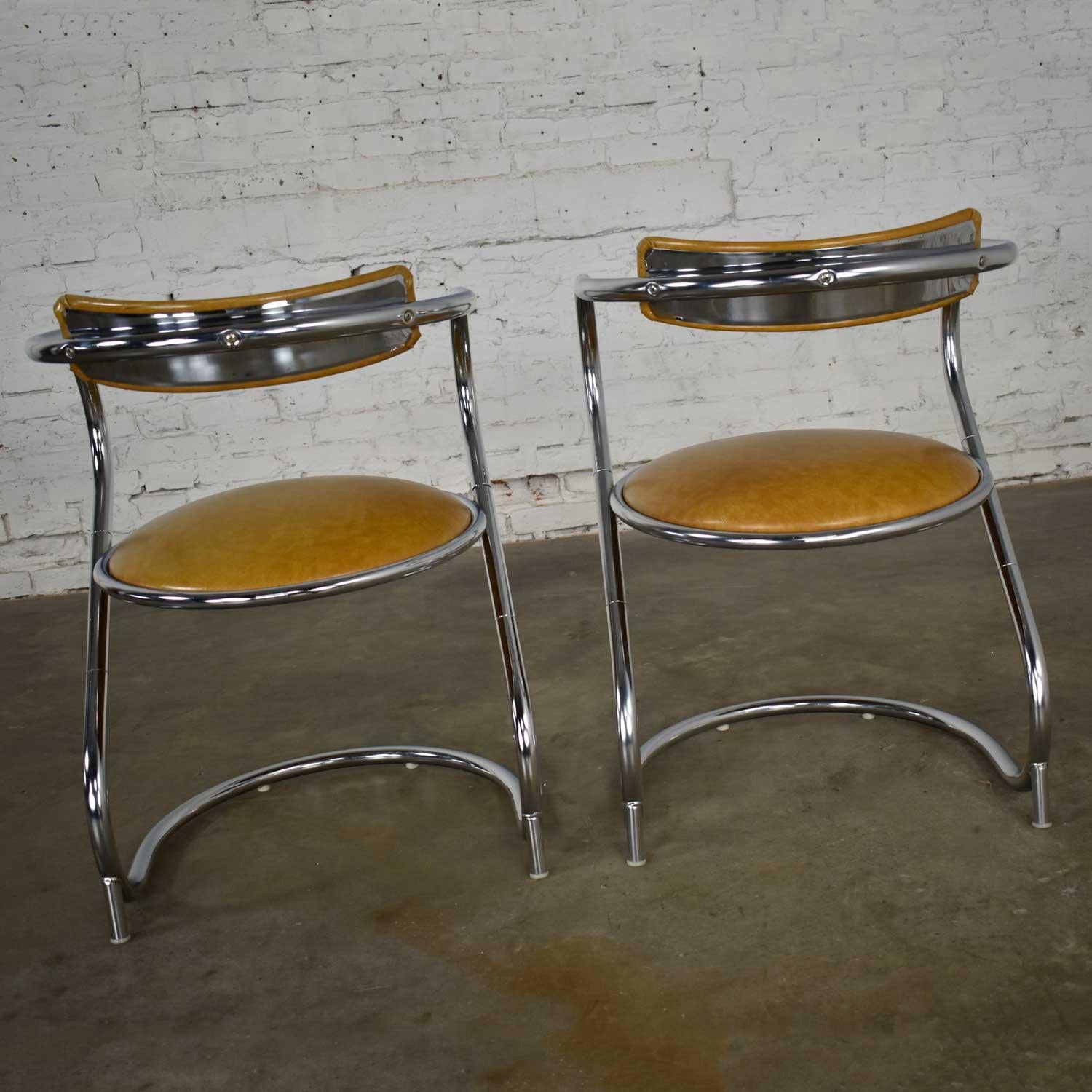Pair Streamlined Reversed Cantilever Chairs Chrome Gold Faux Leather Vinyl  4