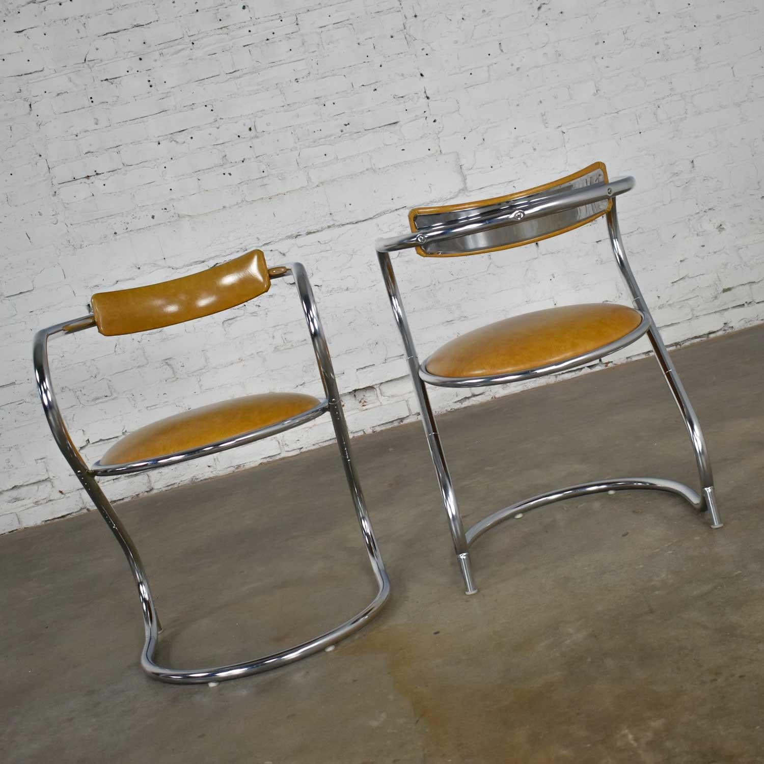 Pair Streamlined Reversed Cantilever Chairs Chrome Gold Faux Leather Vinyl  5