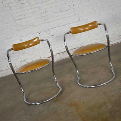 Pair Streamlined Reversed Cantilever Chairs Chrome Gold Faux Leather Vinyl