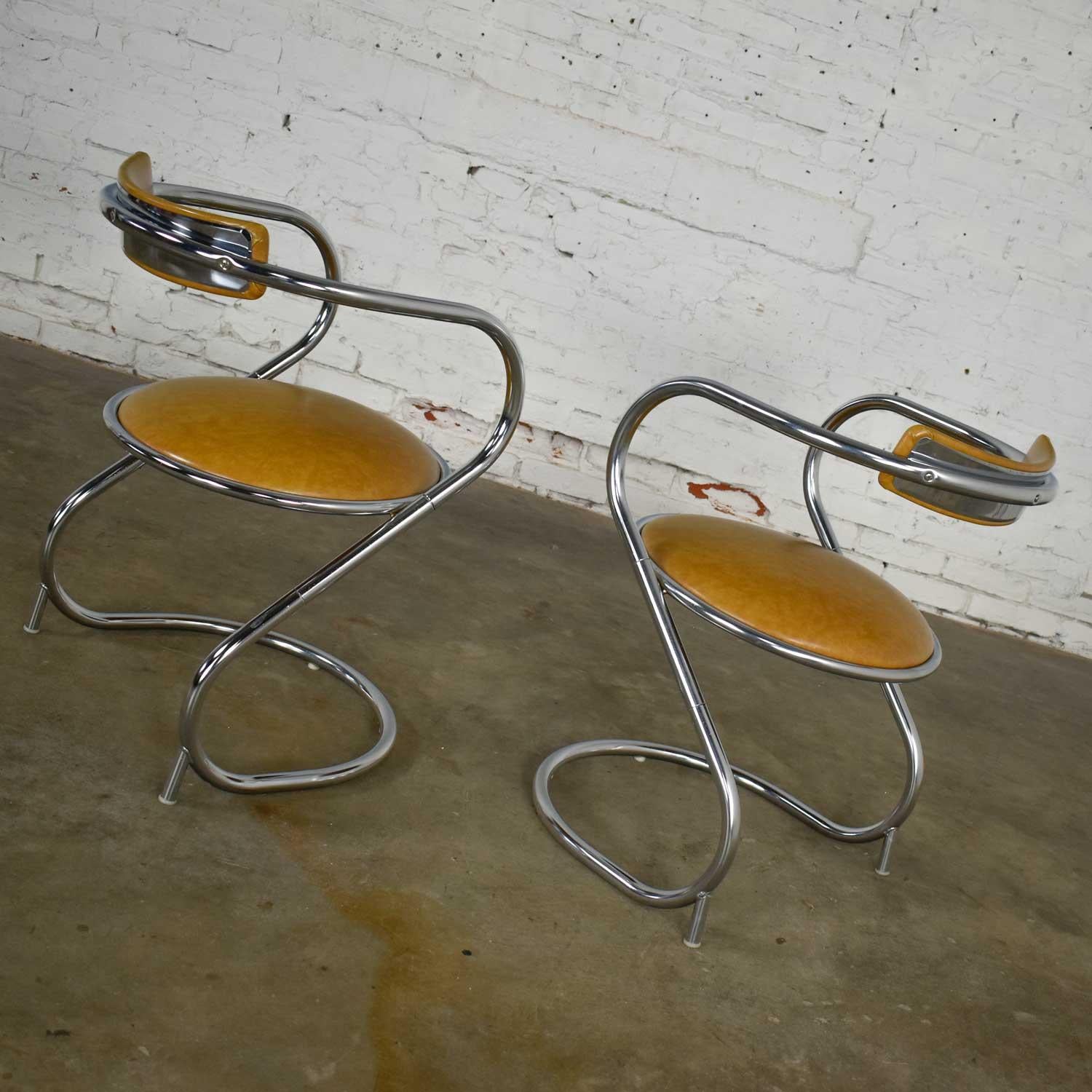 Streamlined Moderne Pair Streamlined Reversed Cantilever Chairs Chrome Gold Faux Leather Vinyl 