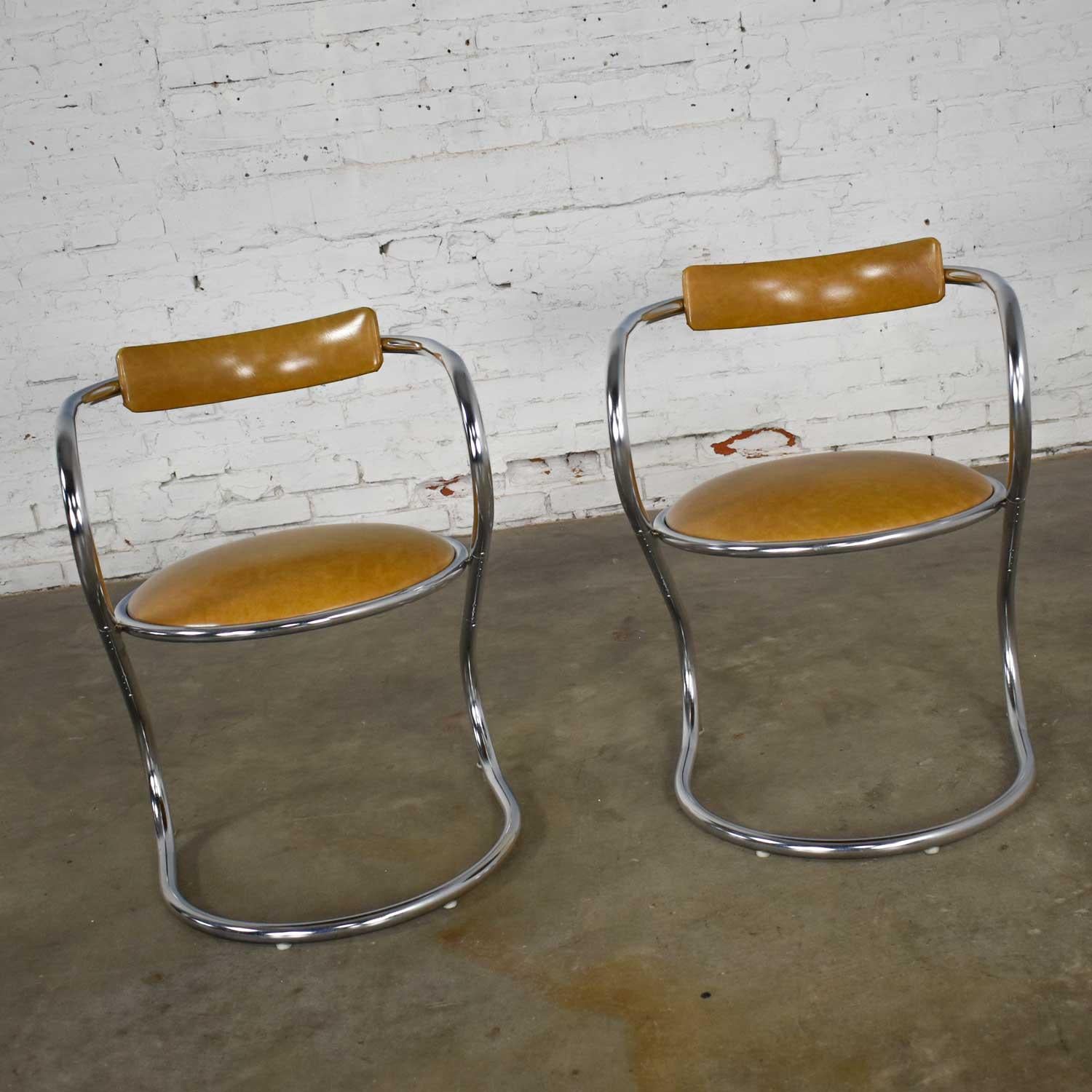 20th Century Pair Streamlined Reversed Cantilever Chairs Chrome Gold Faux Leather Vinyl 