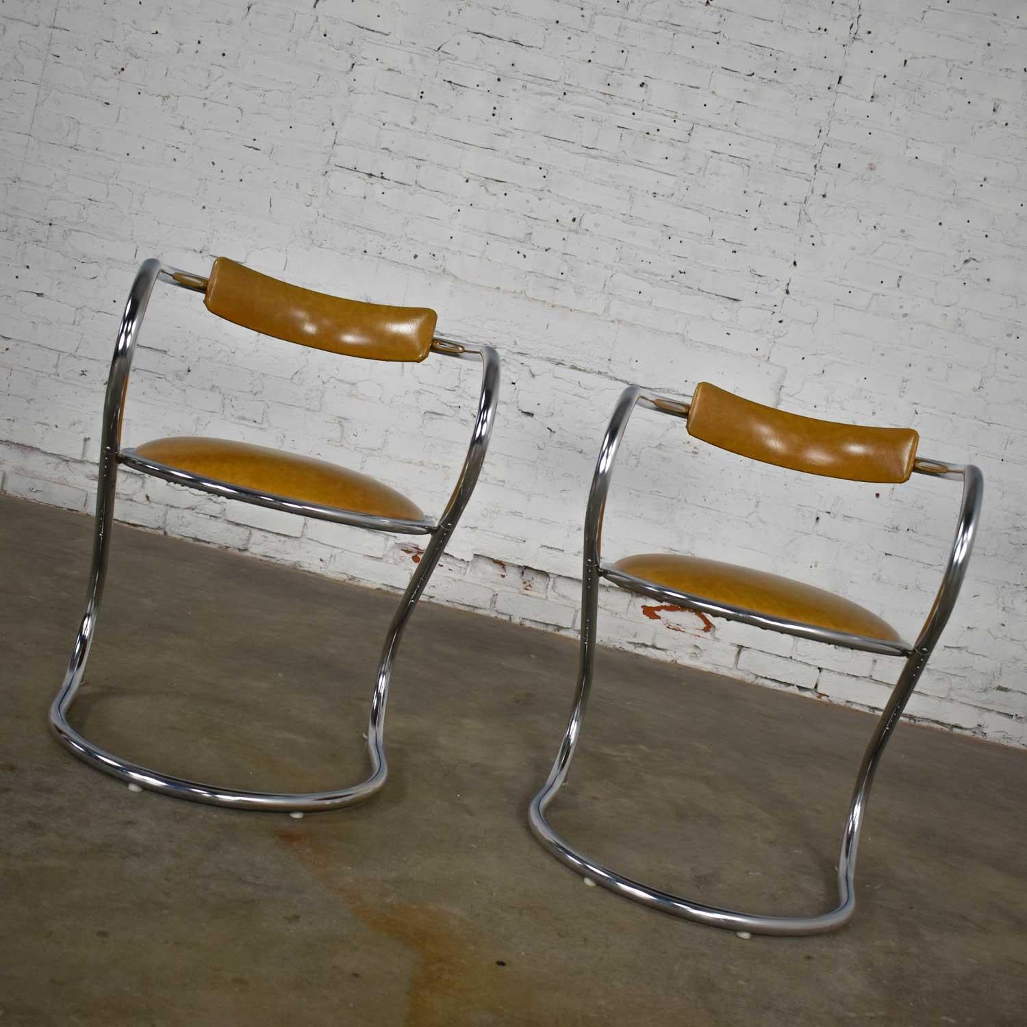 Metal Pair Streamlined Reversed Cantilever Chairs Chrome Gold Faux Leather Vinyl 