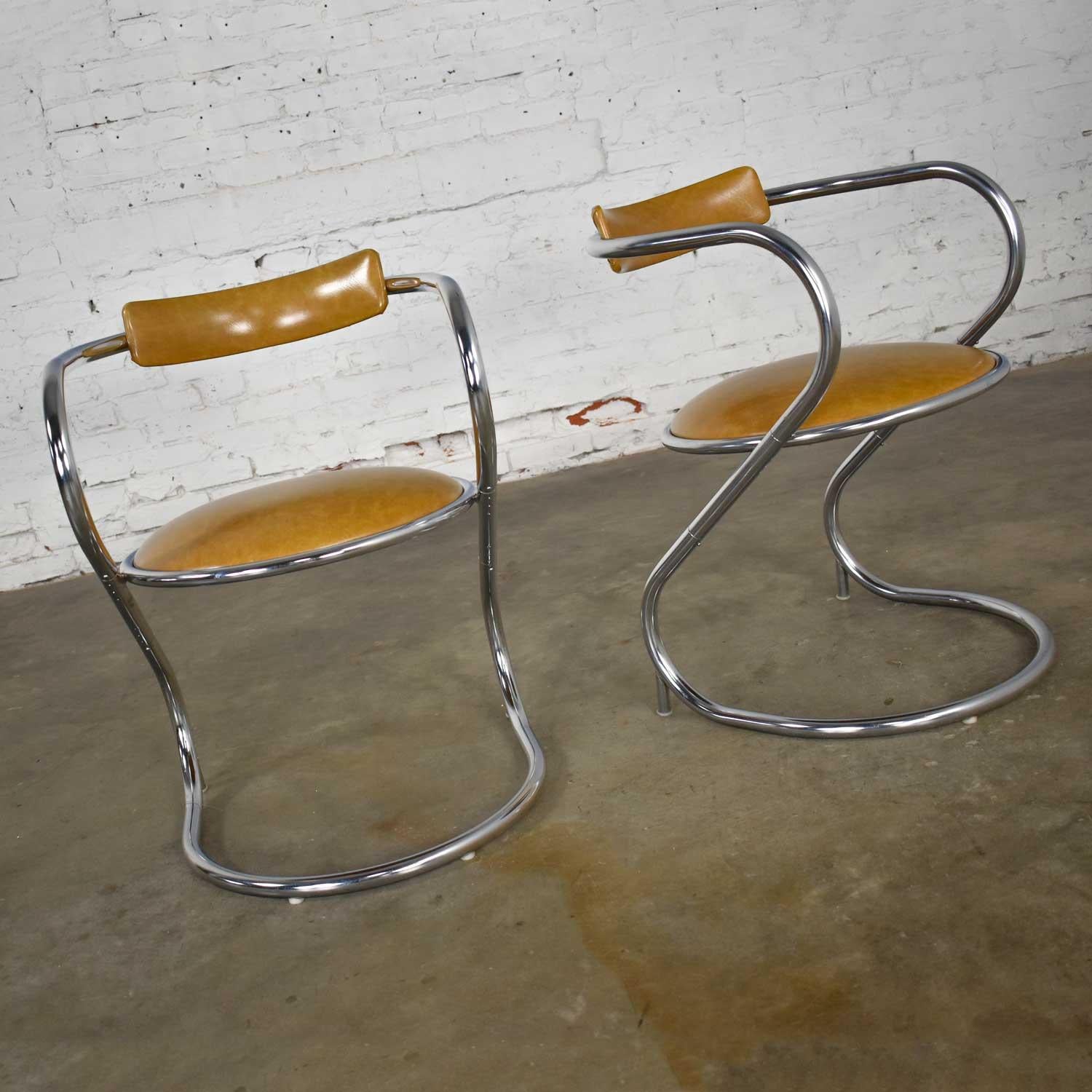 Pair Streamlined Reversed Cantilever Chairs Chrome Gold Faux Leather Vinyl  1