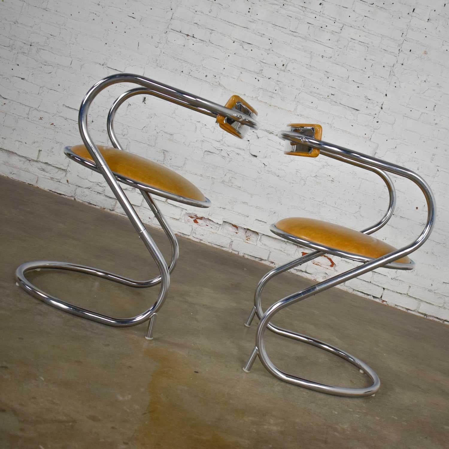 Pair Streamlined Reversed Cantilever Chairs Chrome Gold Faux Leather Vinyl  2