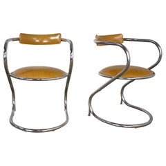 Pair Streamlined Reversed Cantilever Chairs Chrome Gold Faux Leather Vinyl
