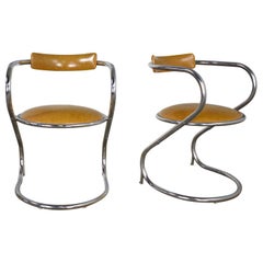 Vintage Pair Streamlined Reversed Cantilever Chairs Chrome Gold Faux Leather Vinyl 