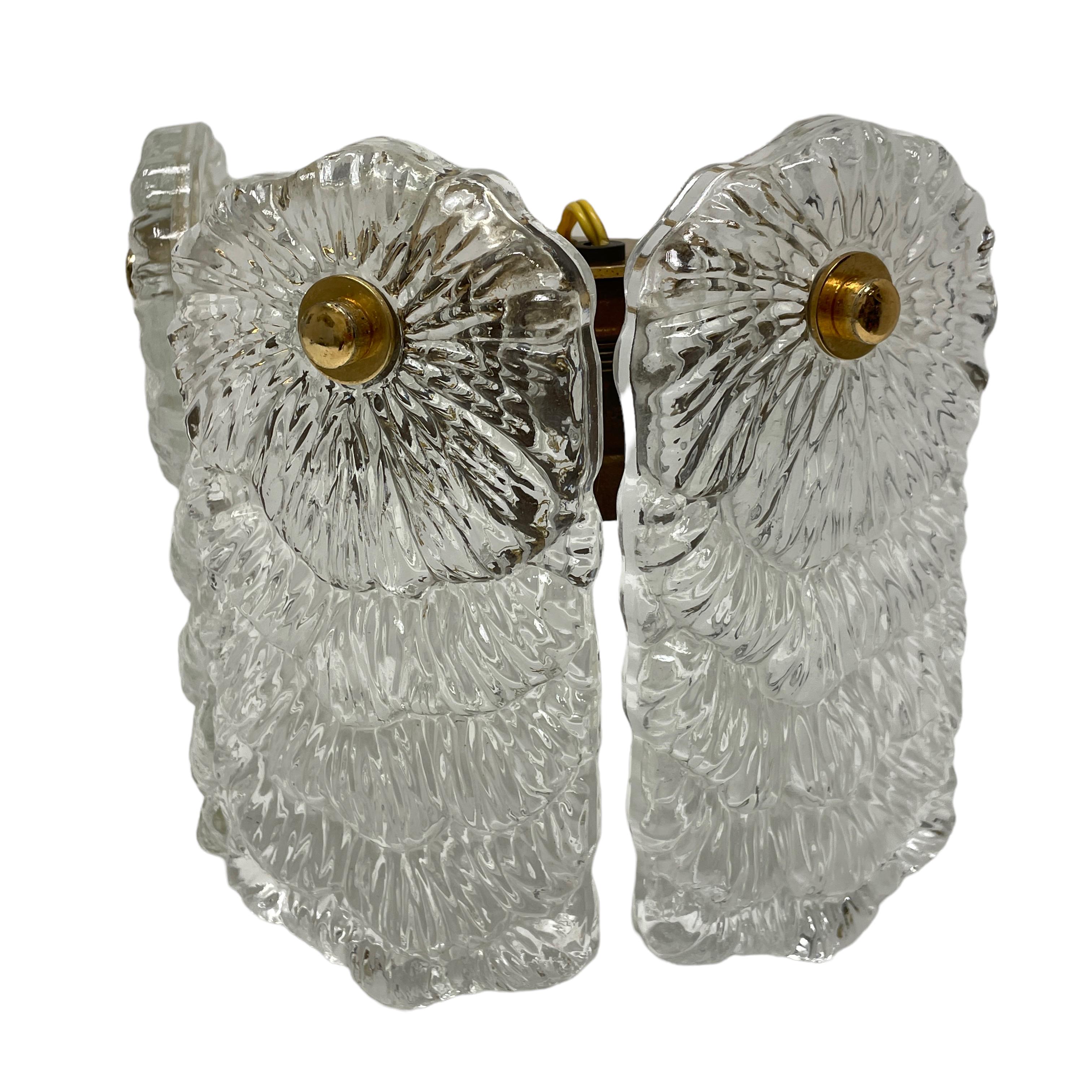 Late 20th Century Pair Structured Ice Glass and Brass Wall Sconces, 1970s For Sale