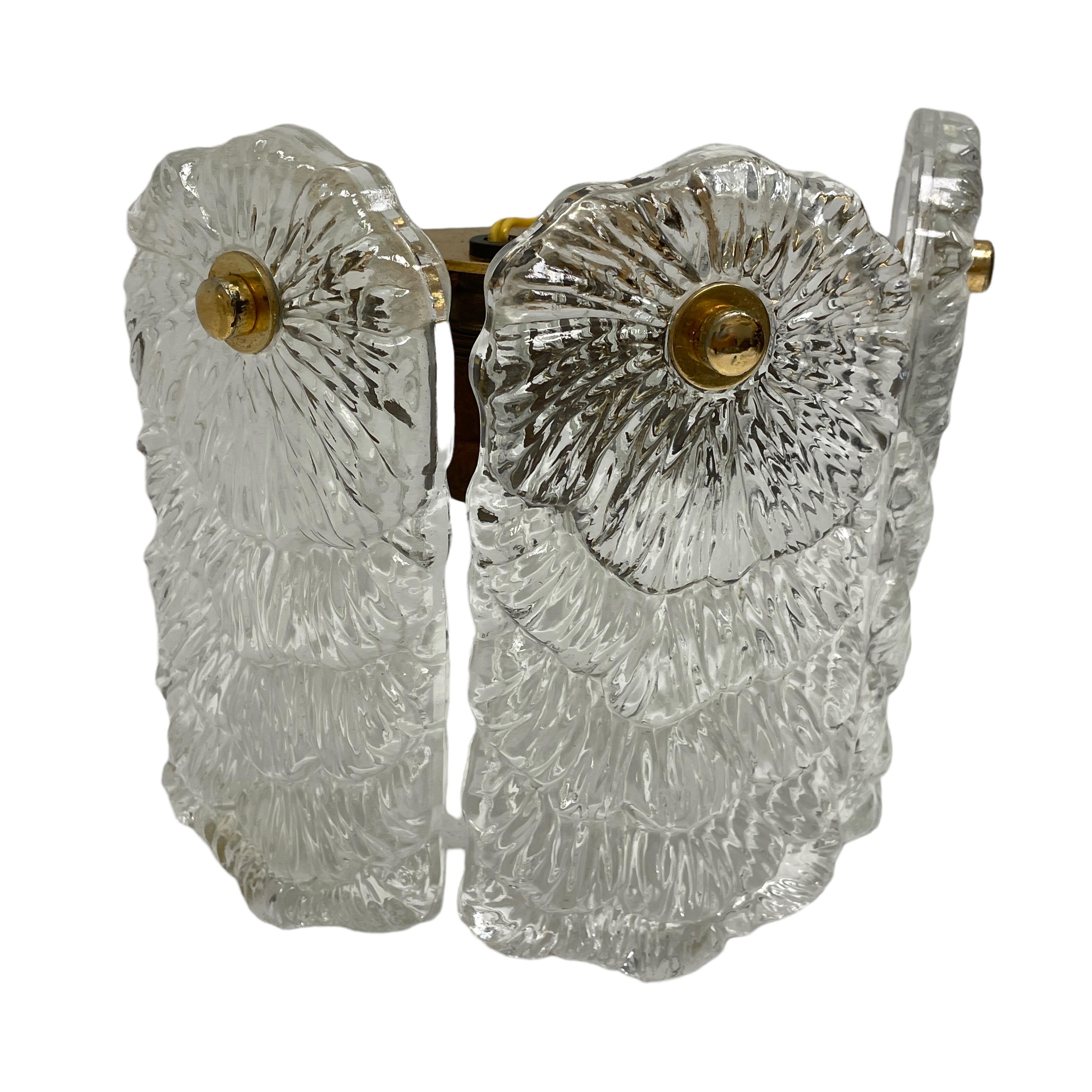Metal Pair Structured Ice Glass and Brass Wall Sconces, 1970s For Sale