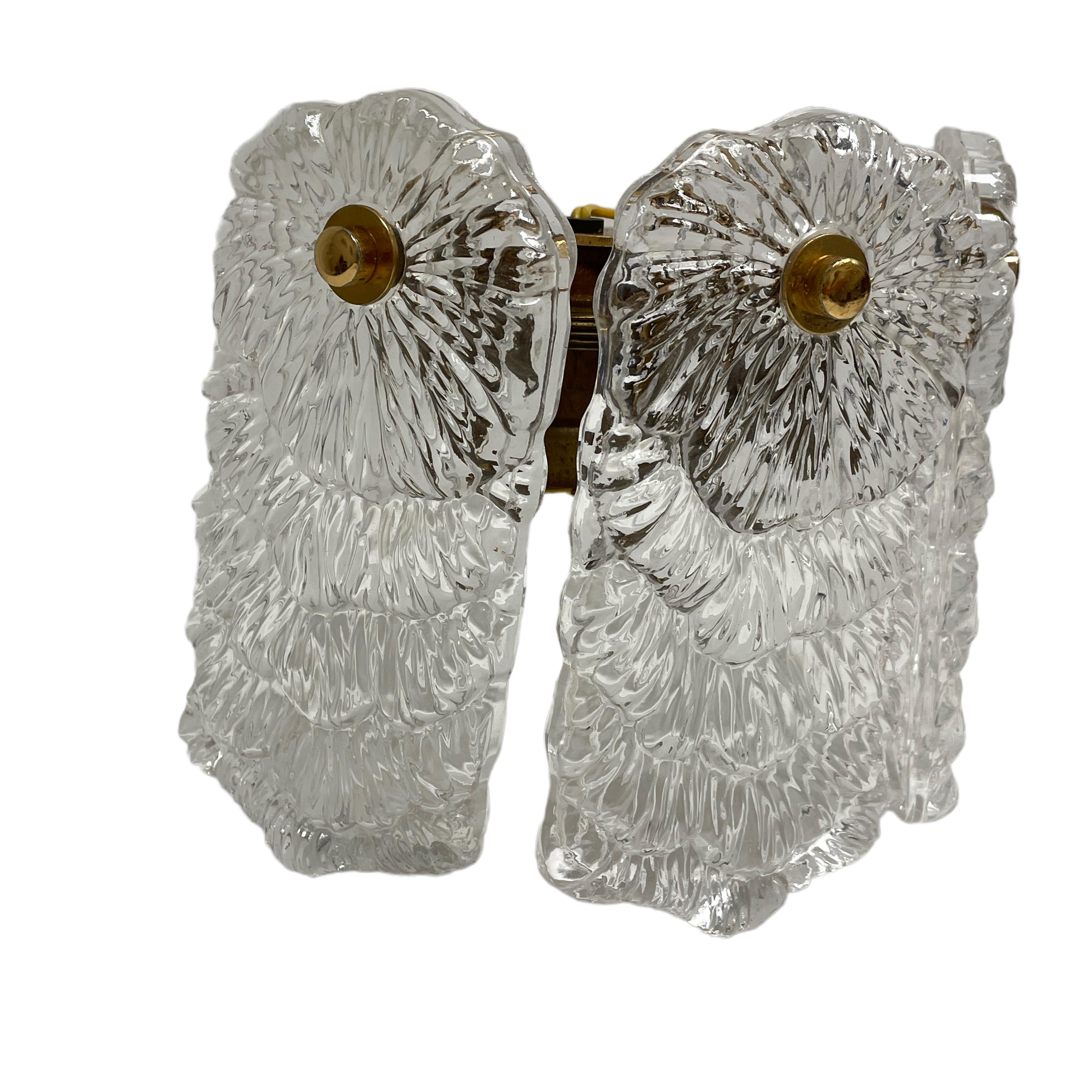 Pair Structured Ice Glass and Brass Wall Sconces, 1970s For Sale 2