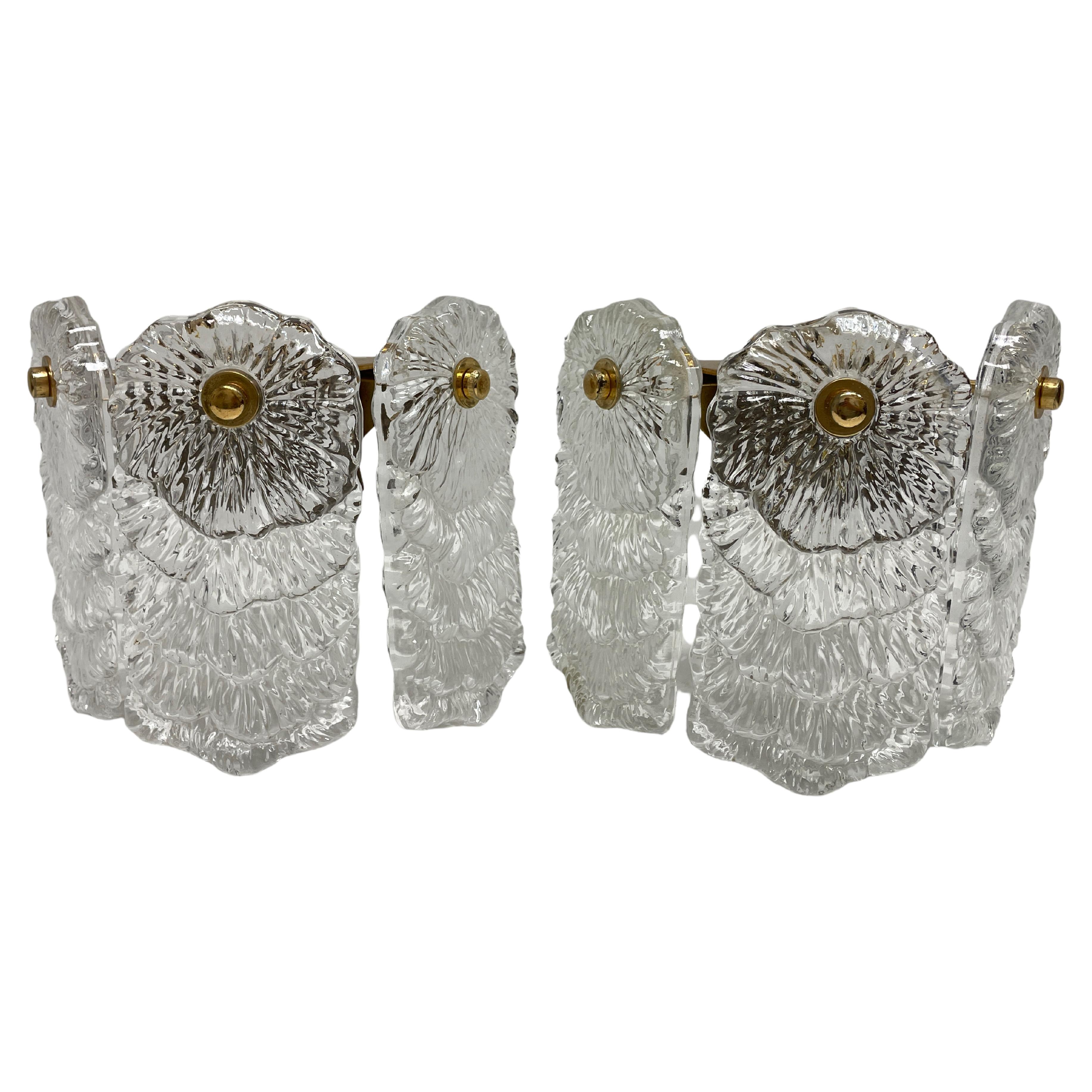 Pair Structured Ice Glass and Brass Wall Sconces, 1970s