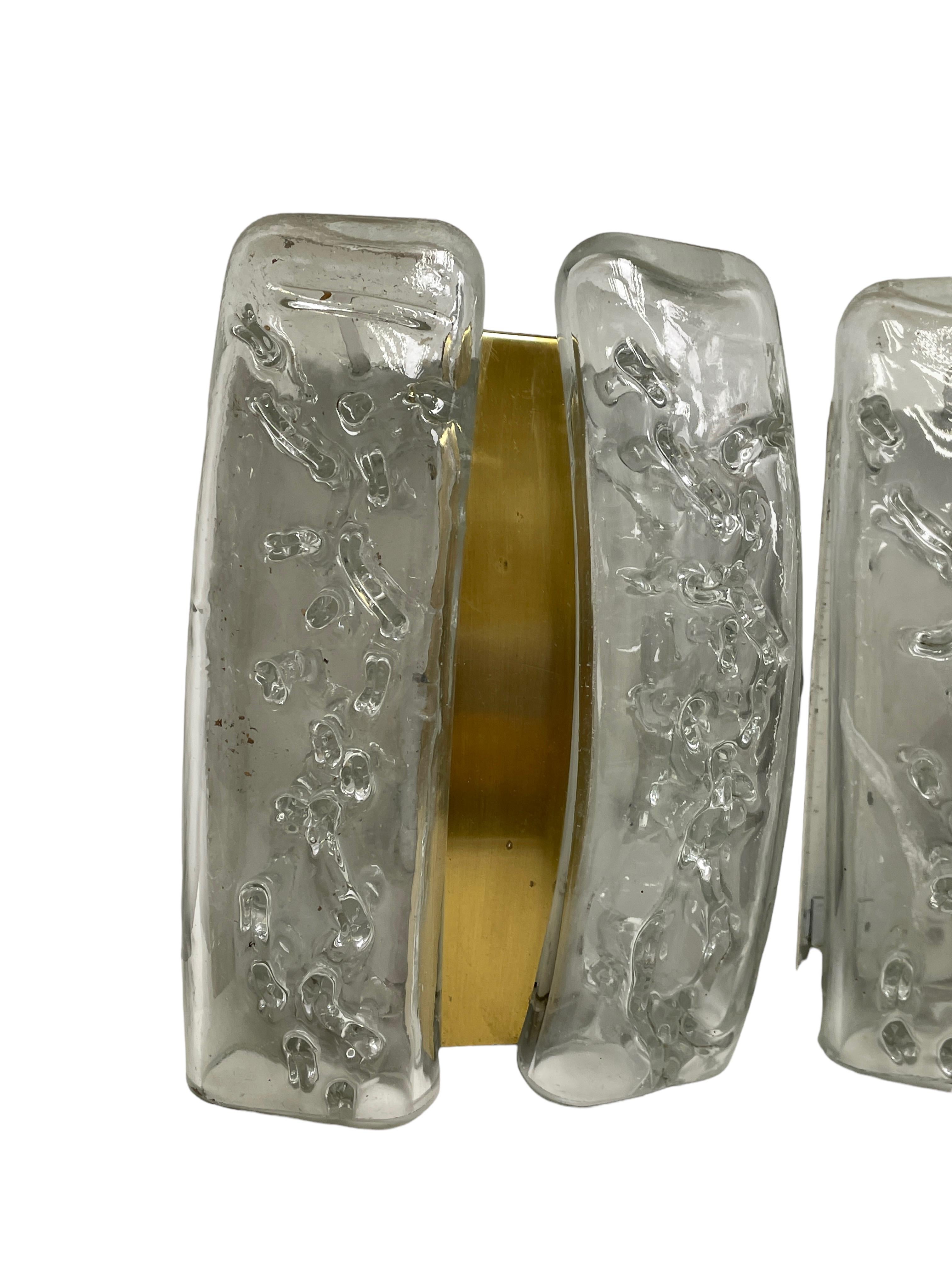 German Pair Structured Ice Glass and Brass Wall Sconces by Doria Leuchten, 1970s For Sale