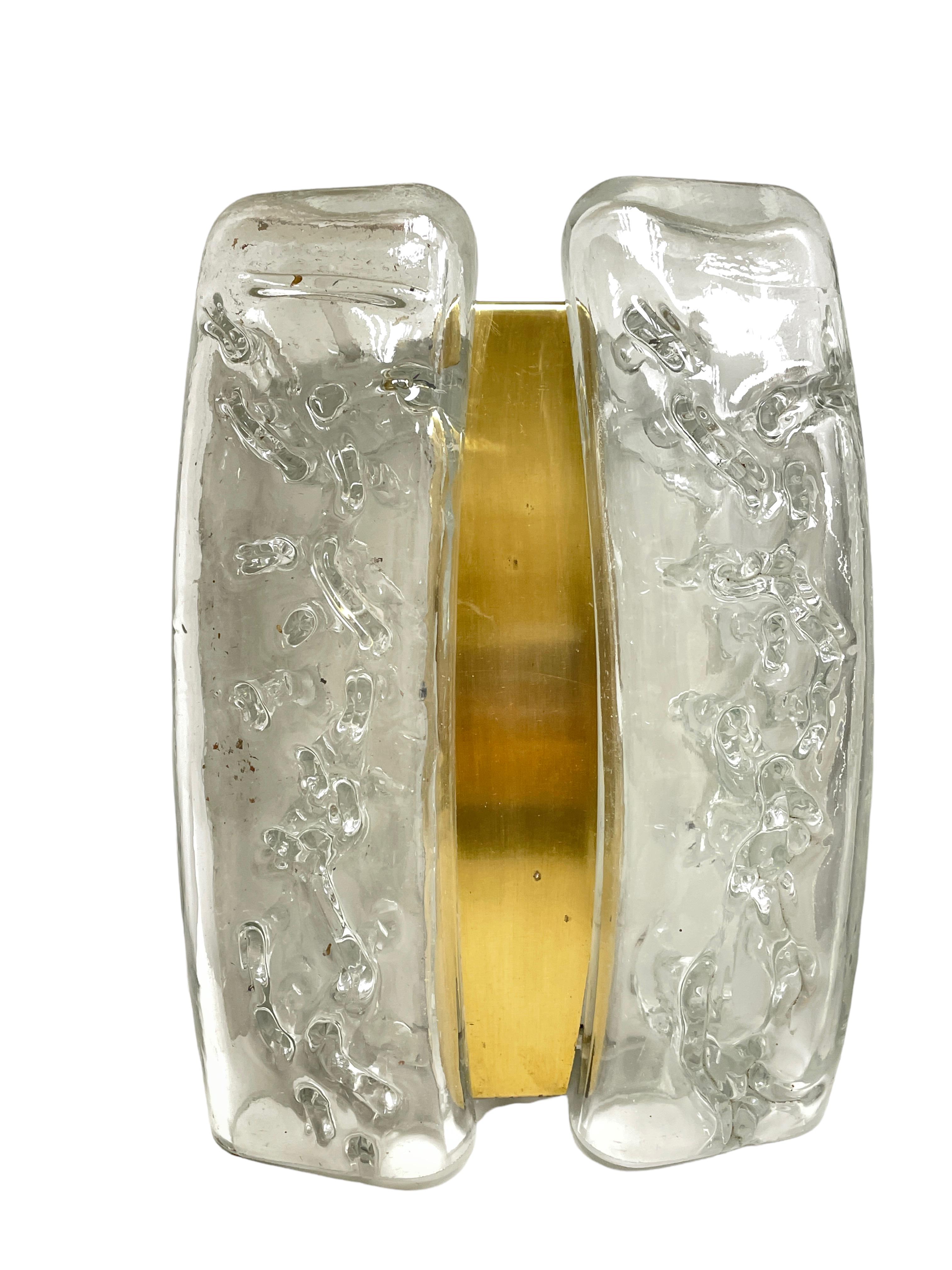 Late 20th Century Pair Structured Ice Glass and Brass Wall Sconces by Doria Leuchten, 1970s For Sale