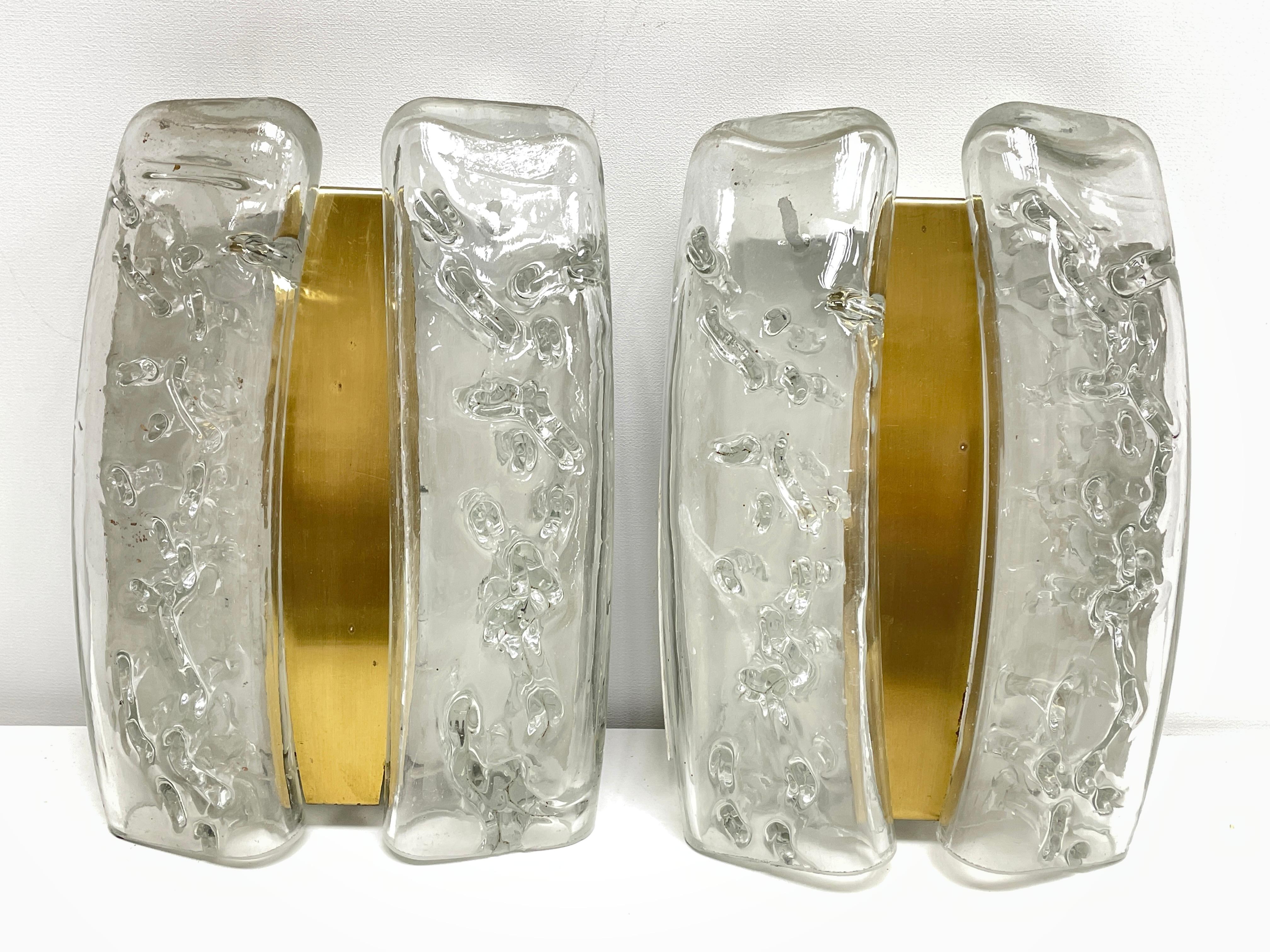 Pair Structured Ice Glass and Brass Wall Sconces by Doria Leuchten, 1970s For Sale 2