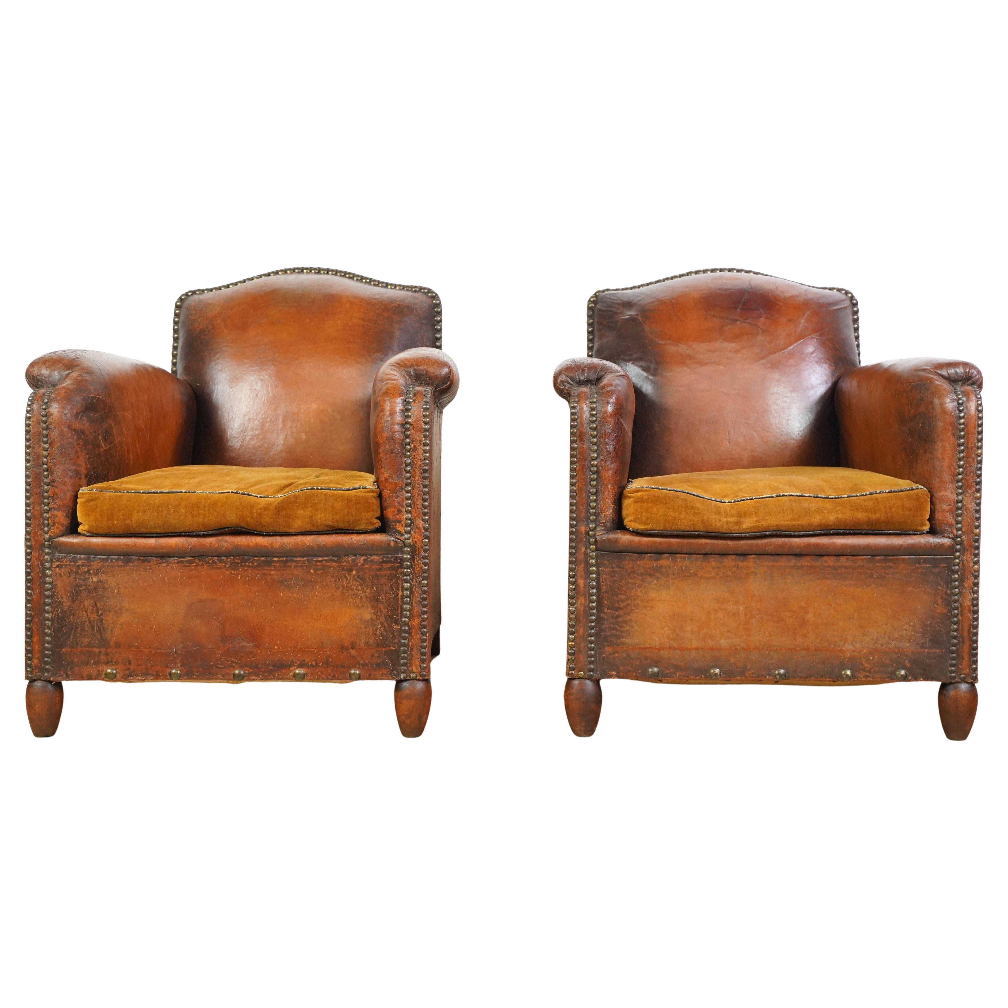Pair Studded Brown Leather European Club Chairs