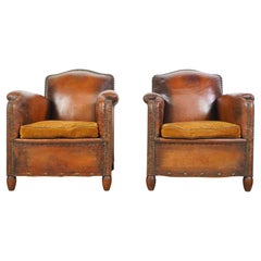 Pair Studded Brown Leather European Club Chairs