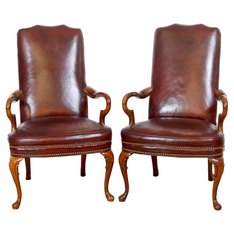 Pair Studded Burgundy Leather Carved Wood Chairs High Back For Sale at