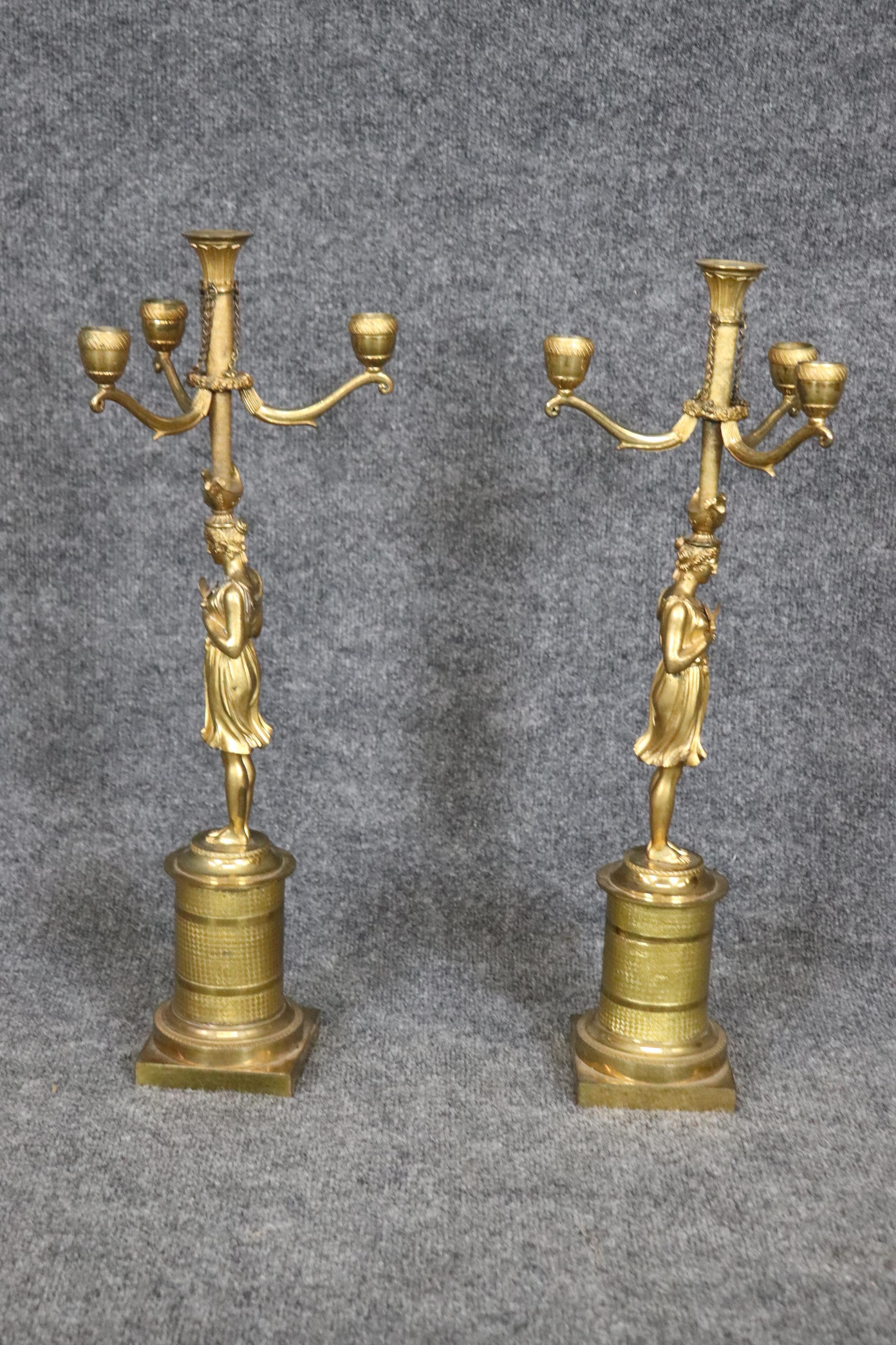 Neoclassical Revival Pair Stunning Large Solid Bronze 19th Century Draped Figural Maidens Candleabra For Sale