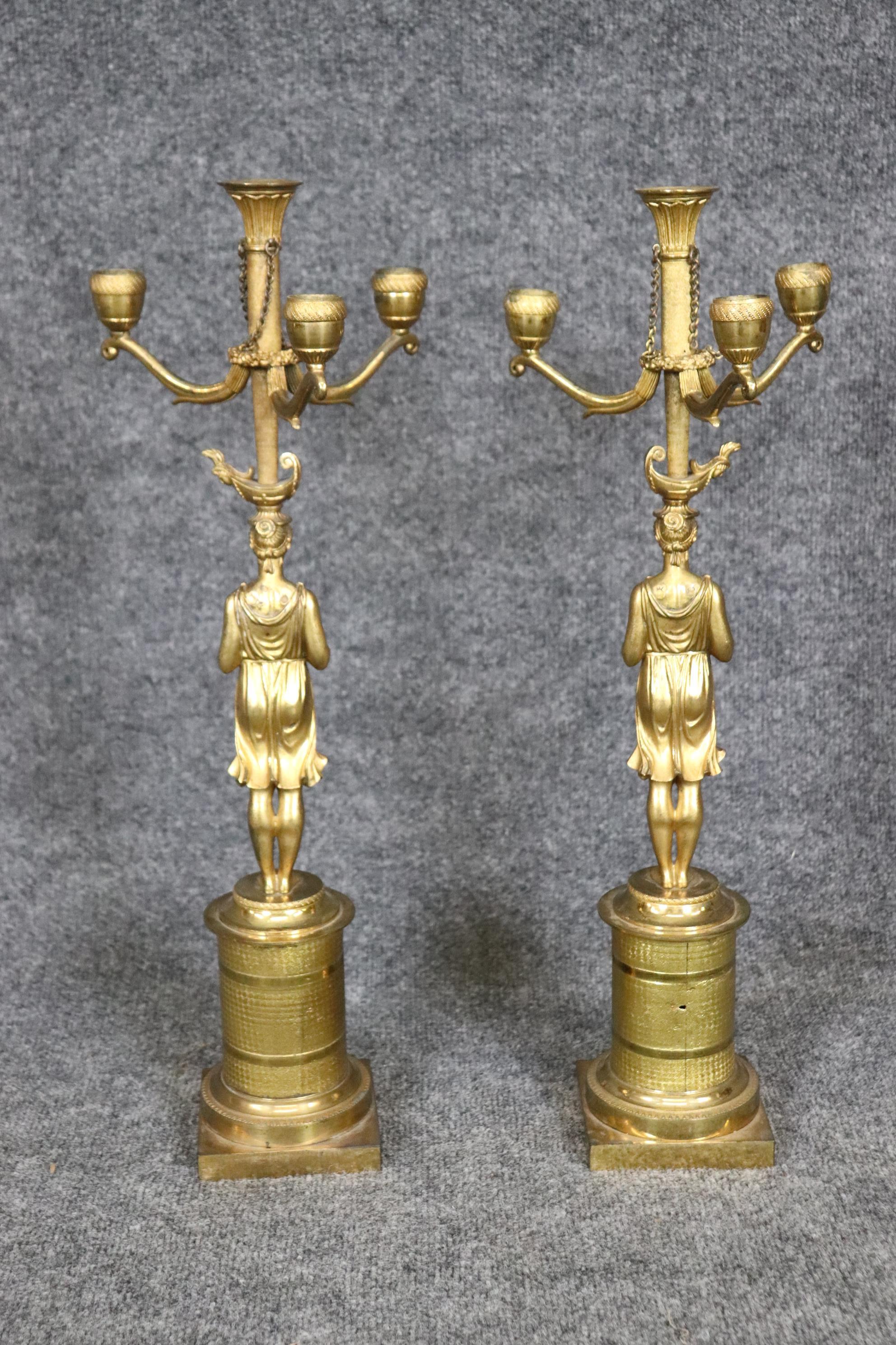 French Pair Stunning Large Solid Bronze 19th Century Draped Figural Maidens Candleabra For Sale