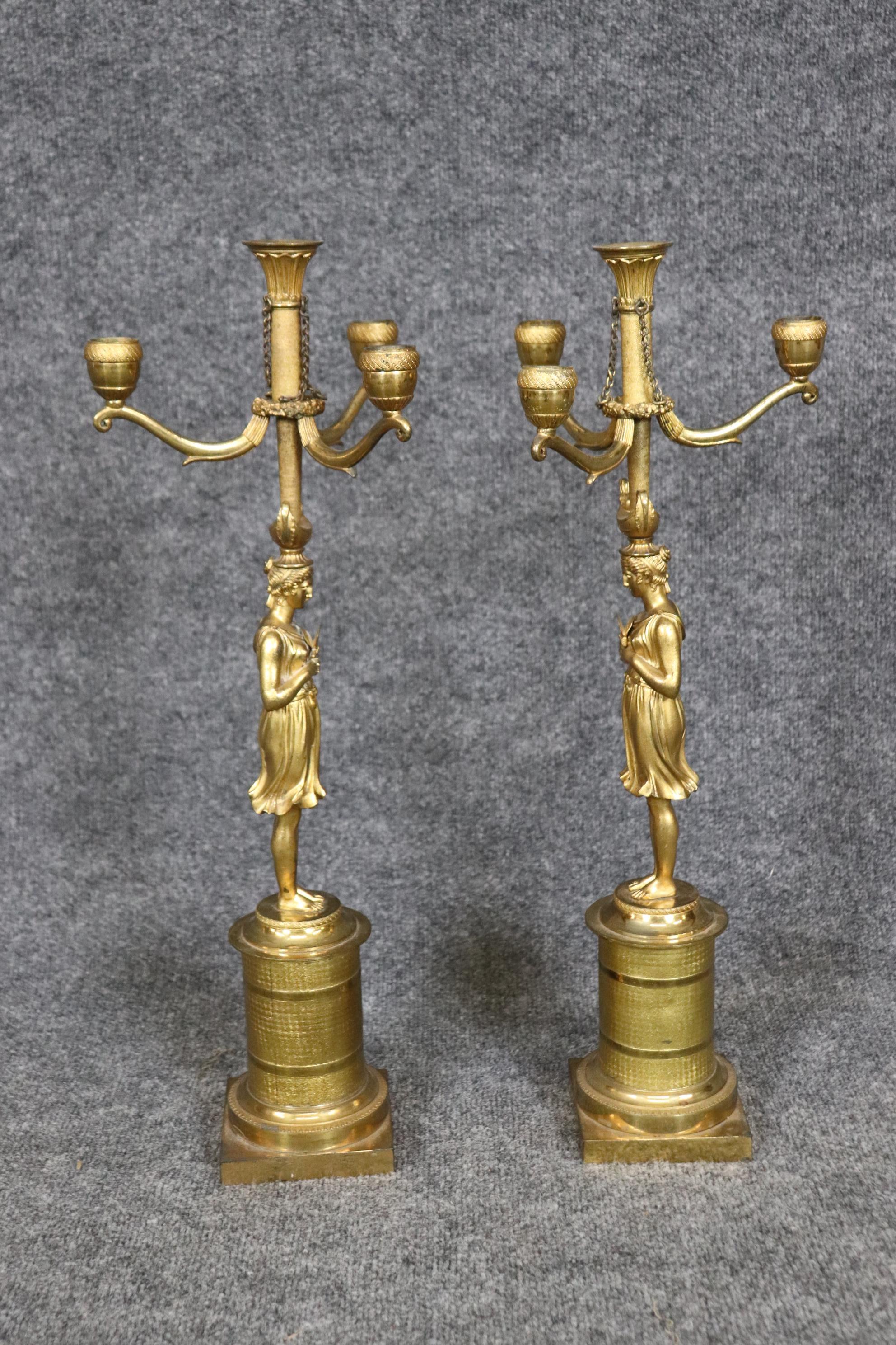 Pair Stunning Large Solid Bronze 19th Century Draped Figural Maidens Candleabra In Good Condition For Sale In Swedesboro, NJ