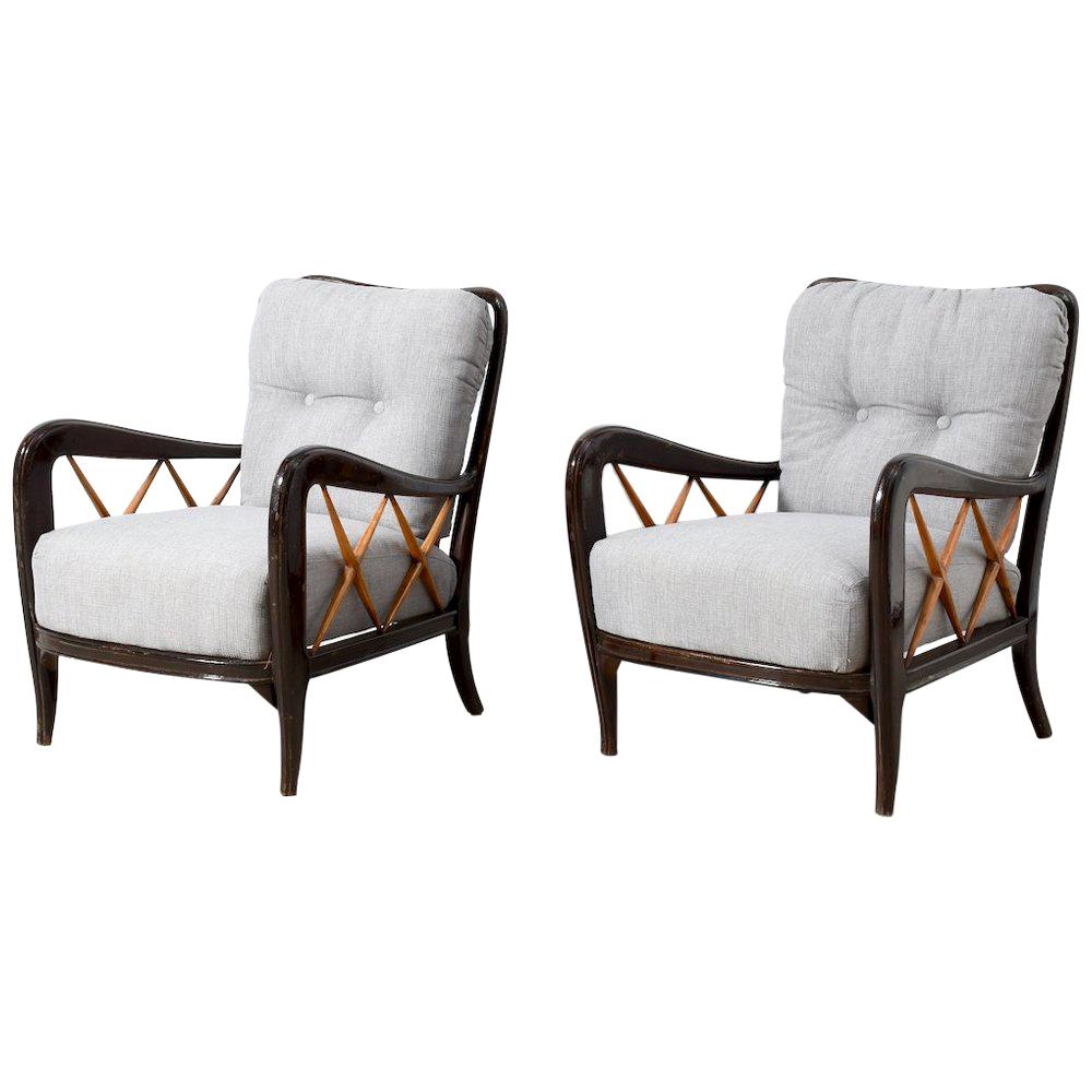 Pair of Style of Paolo Buffa Armchairs circa 1940s Italy New Upholstery For Sale