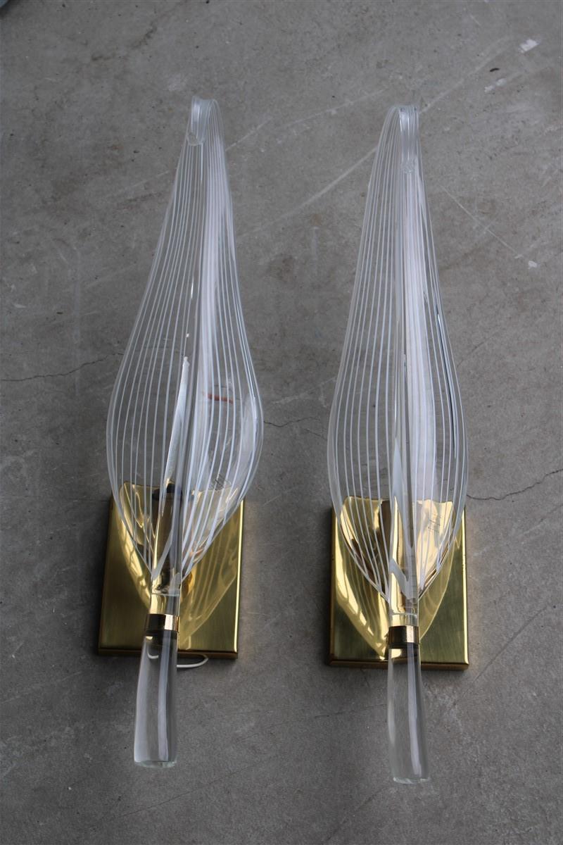 Pair Large Franco Luce 1970s Sconce elegant design, brass structure, transparent glass with white wires. Elegance and refinement make it the protagonists.