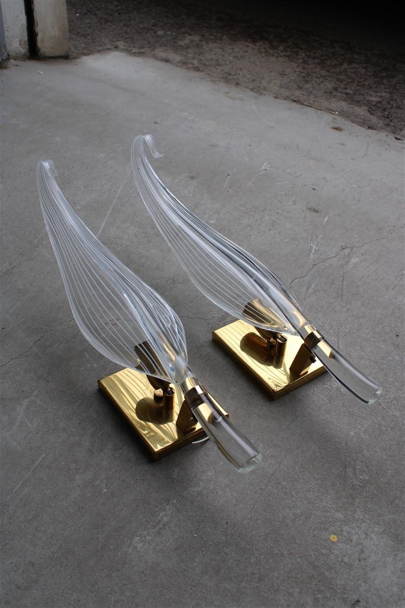 Mid-Century Modern Pair Stylized Leaf Large Franco Luce 1970s Sconces Murano Glass Brass Italy