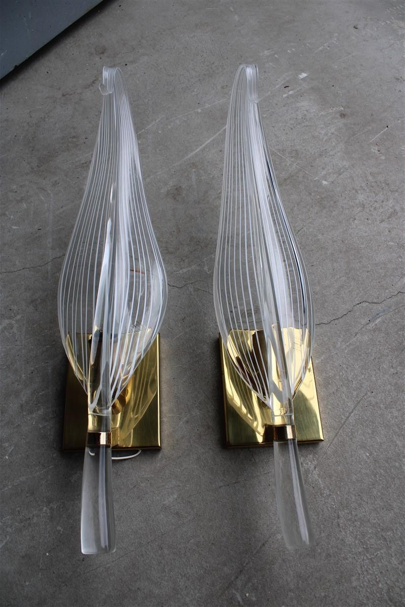 Pair Stylized Leaf Large Franco Luce 1970s Sconces Murano Glass Brass Italy 2