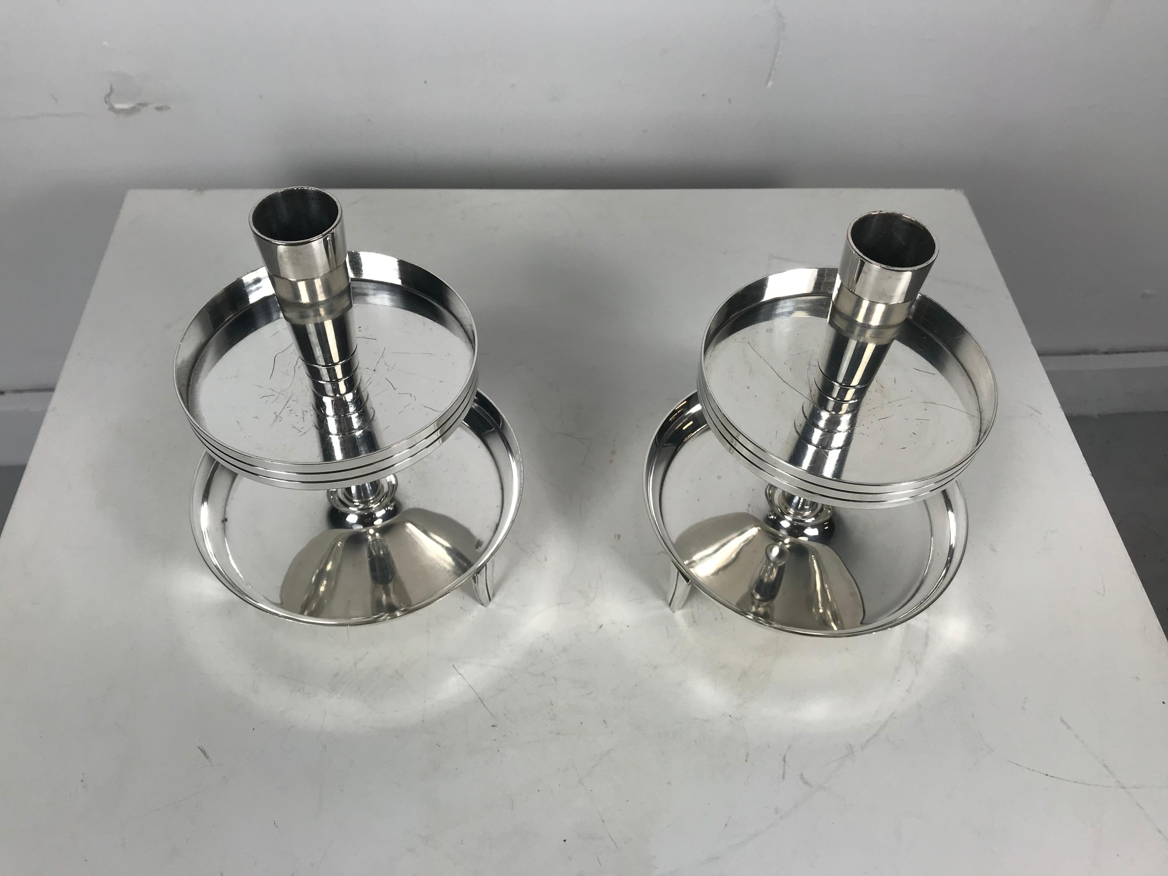 Mid-Century Modern Pair of Stylized Tiered Silver plated Candleholders by Tommi Parzinger For Sale
