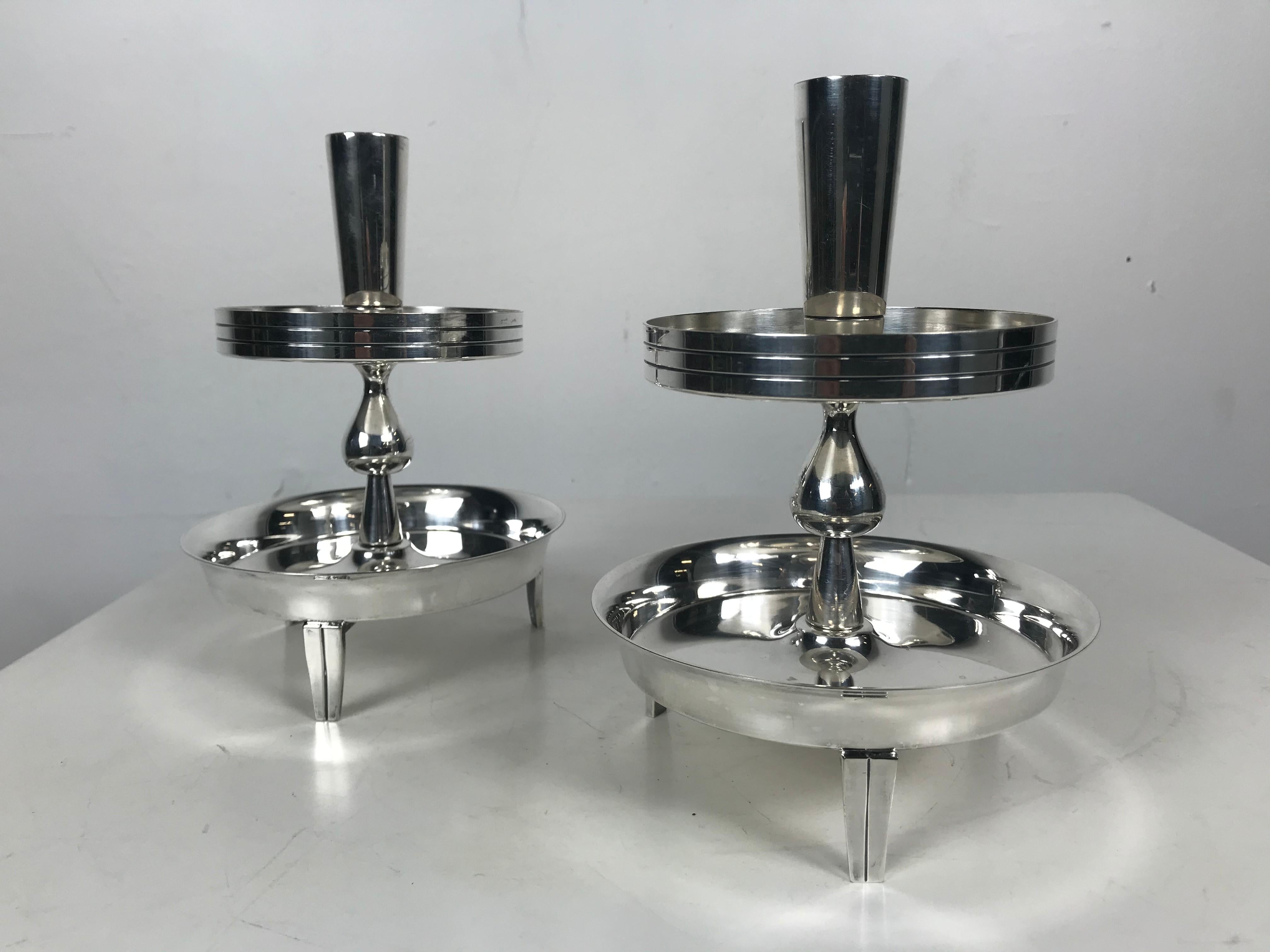 Pair of Stylized Tiered Silver plated Candleholders by Tommi Parzinger In Good Condition For Sale In Buffalo, NY