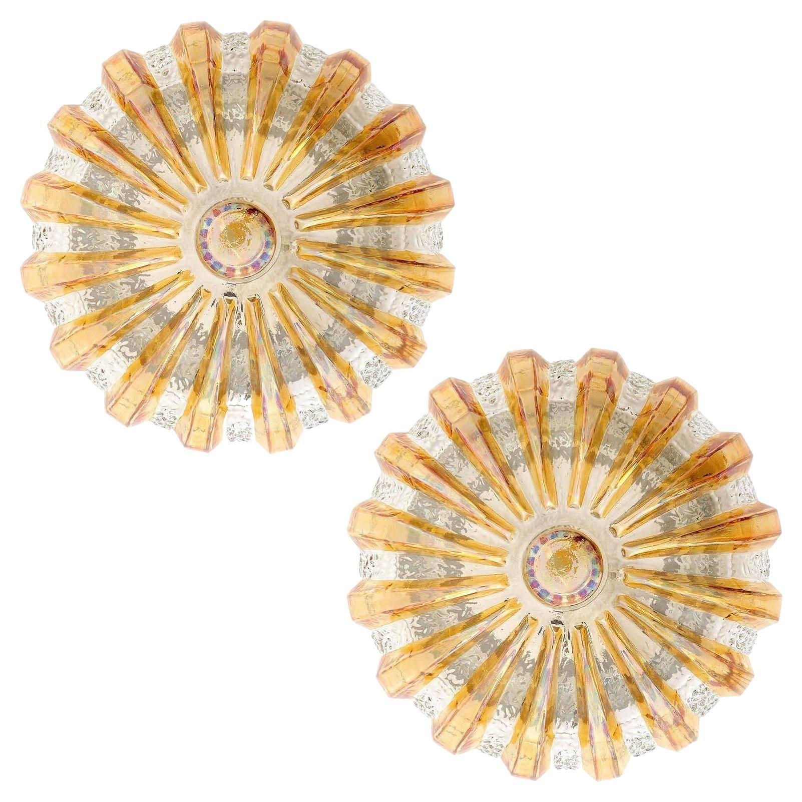 Pair Sunburst Flush Mount Light Fixtures, Amber Orange Glass, 1970