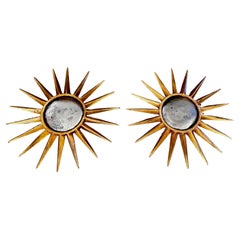 Pair Sunburst Gilt Metal Convex Wall Art Mirrors