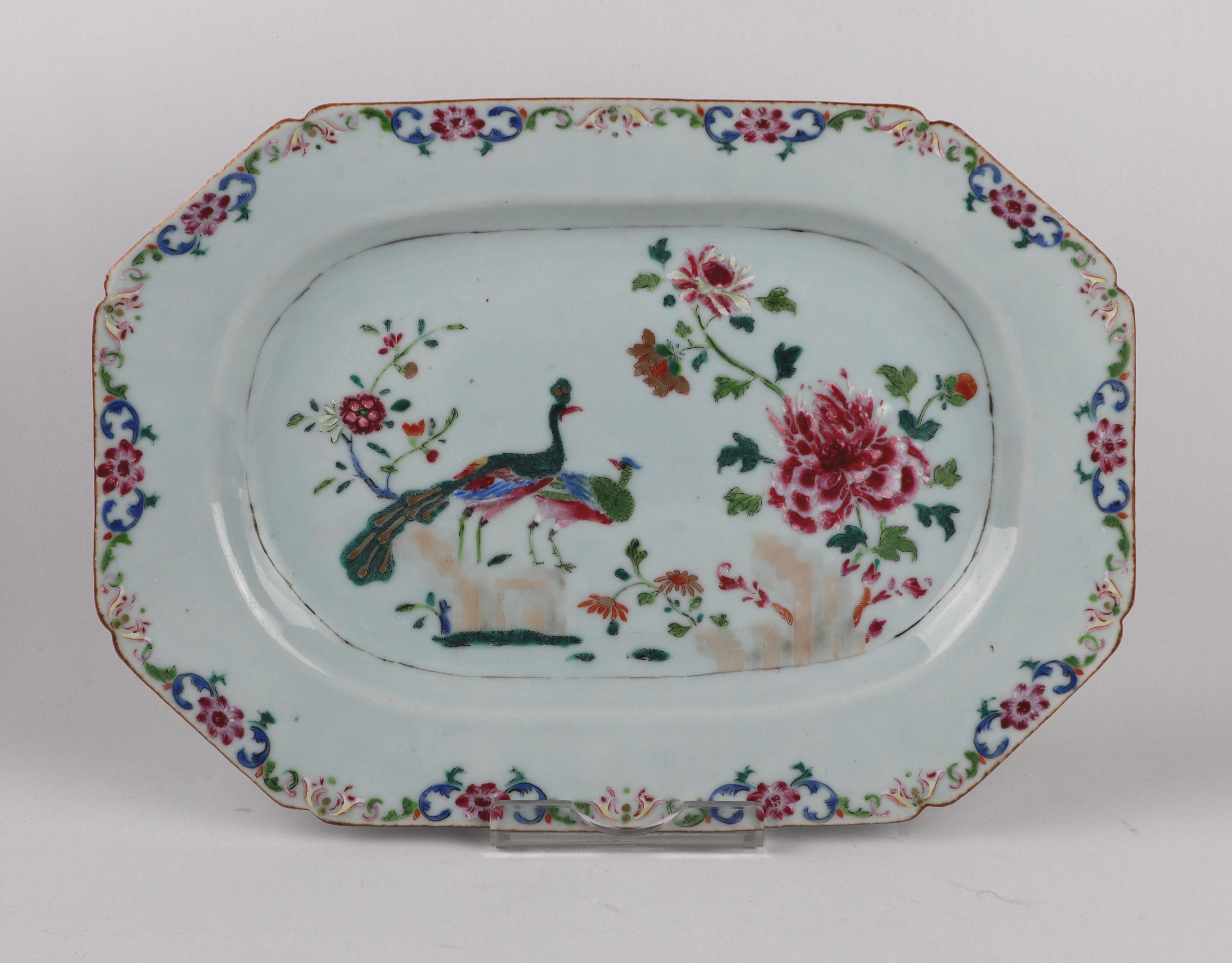 Chinese Export Pair Superb Chinese 18th Porcelain Double Peacock Platter Famille Rose Qianlong For Sale