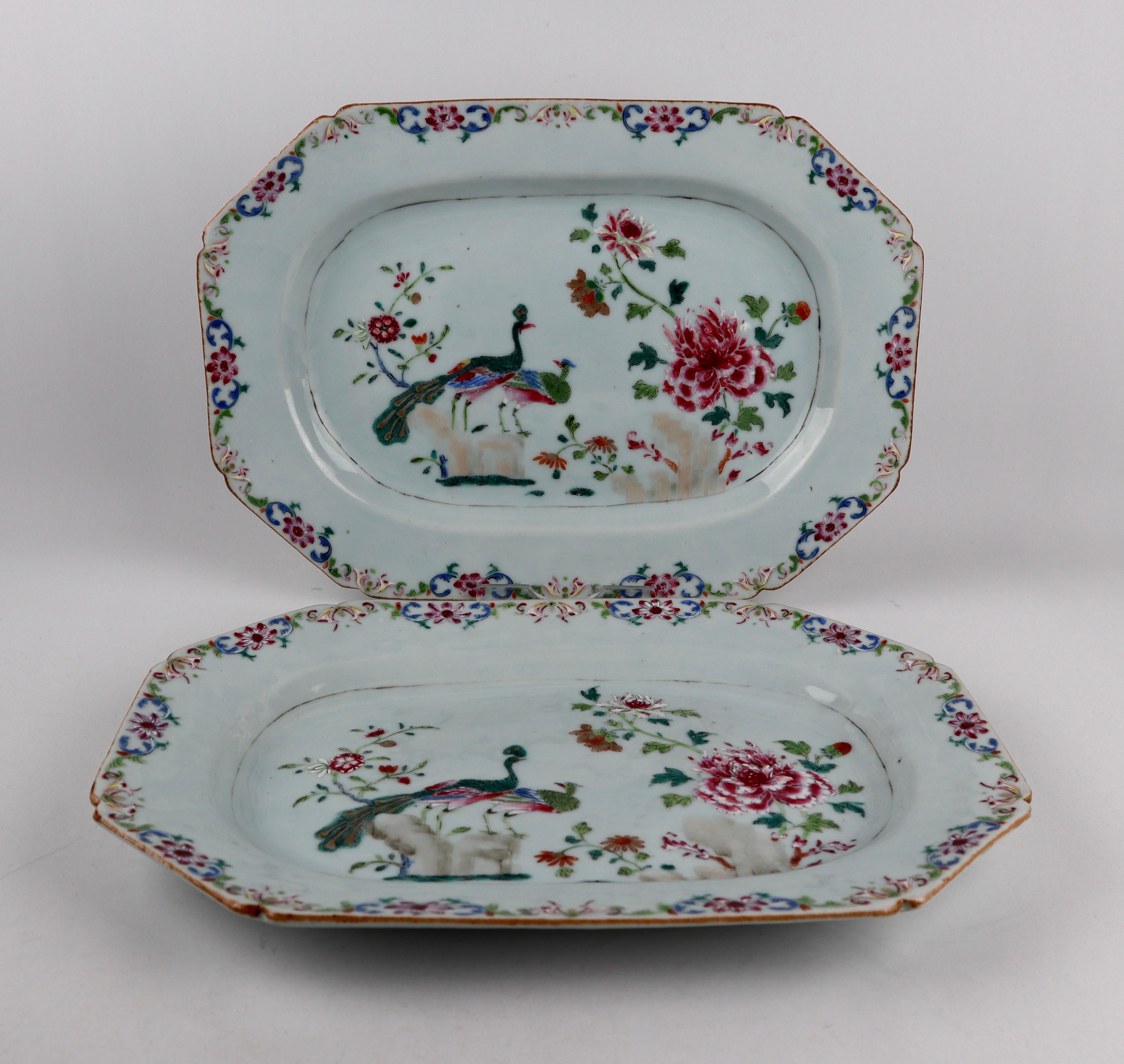 18th Century and Earlier Pair Superb Chinese 18th Porcelain Double Peacock Platter Famille Rose Qianlong For Sale