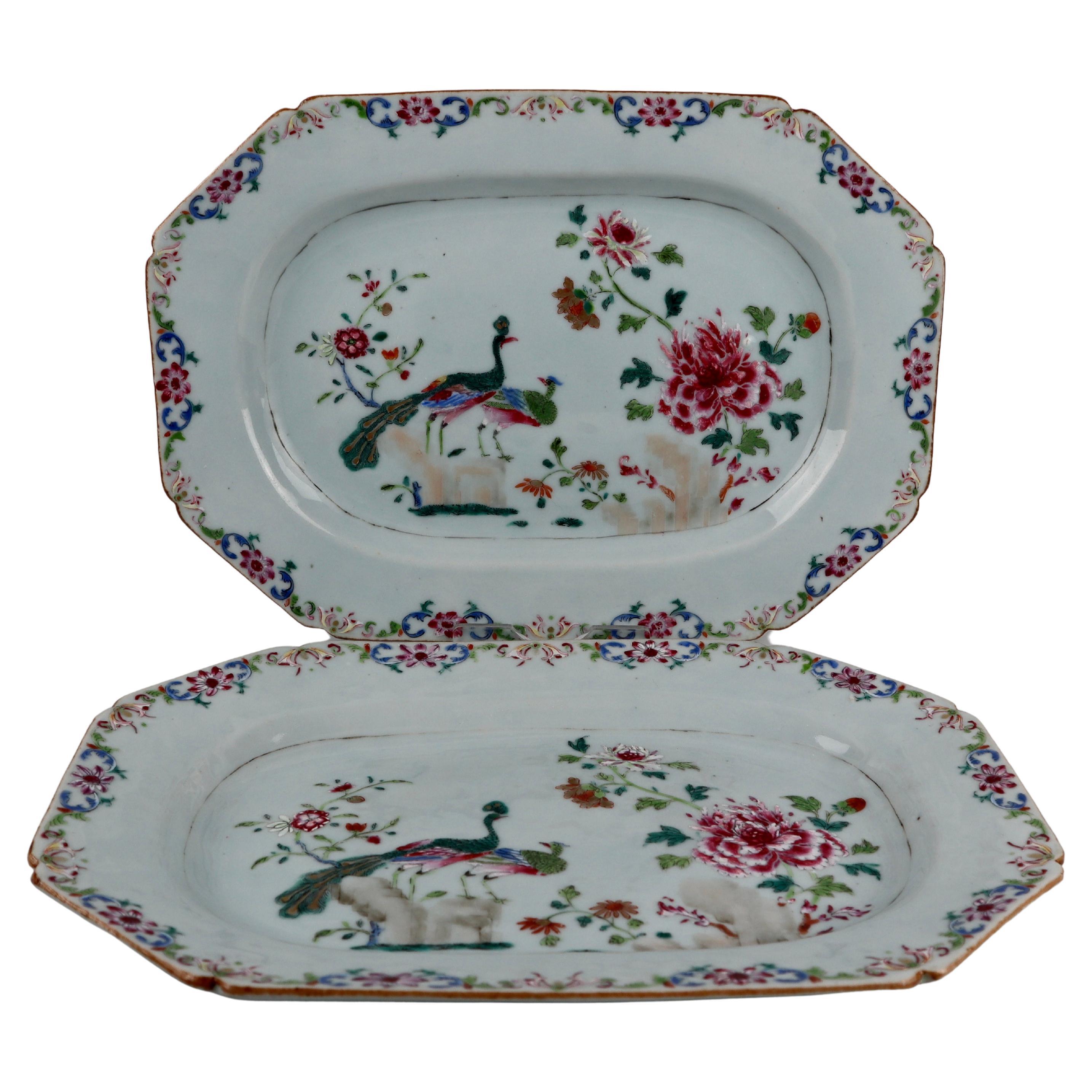 Pair Superb Chinese 18th Porcelain Double Peacock Platter Famille Rose Qianlong For Sale