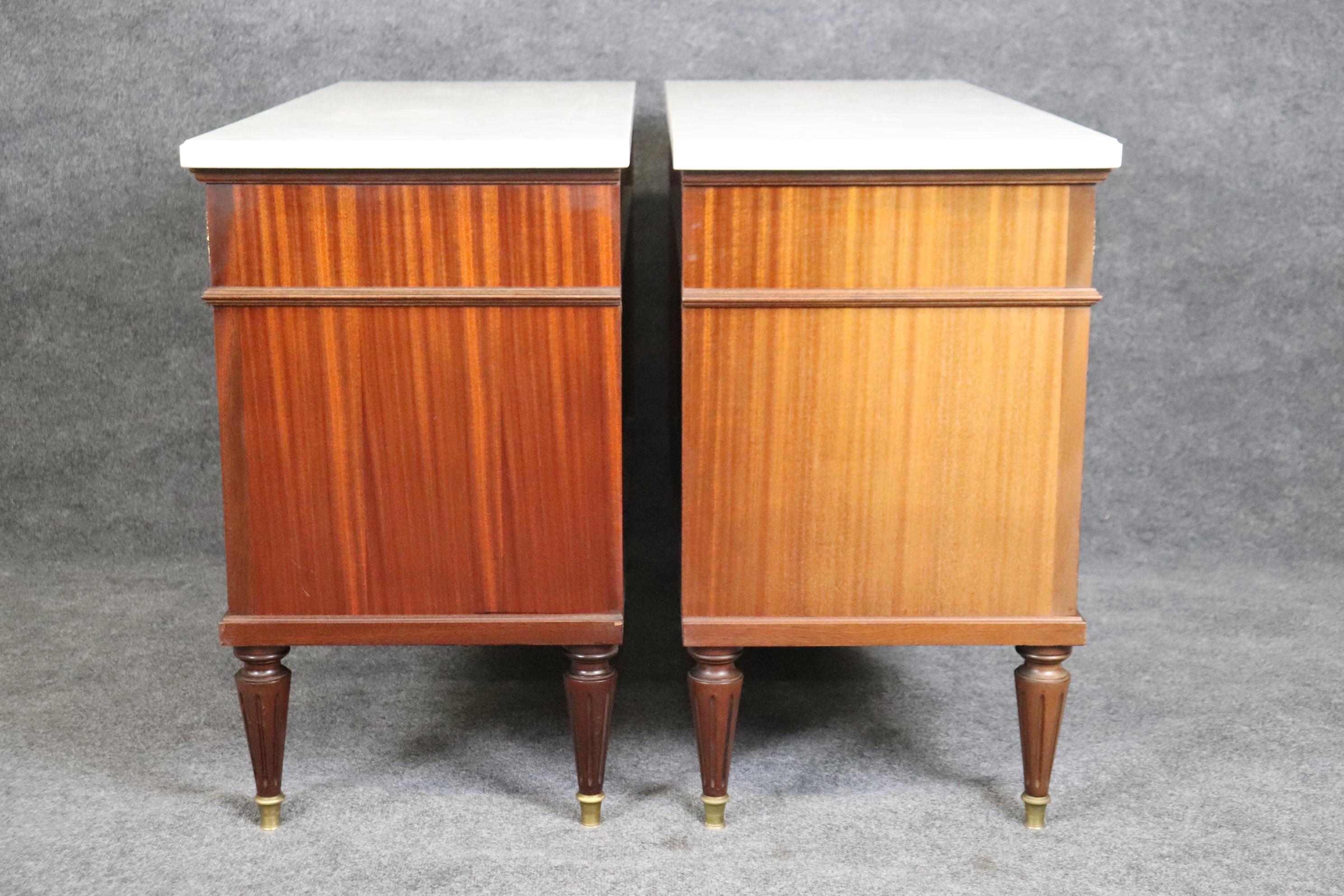 Pair Superb Directoire Maison Jansen Style Flame Mahogany Marble Top Commodes  In Good Condition In Swedesboro, NJ